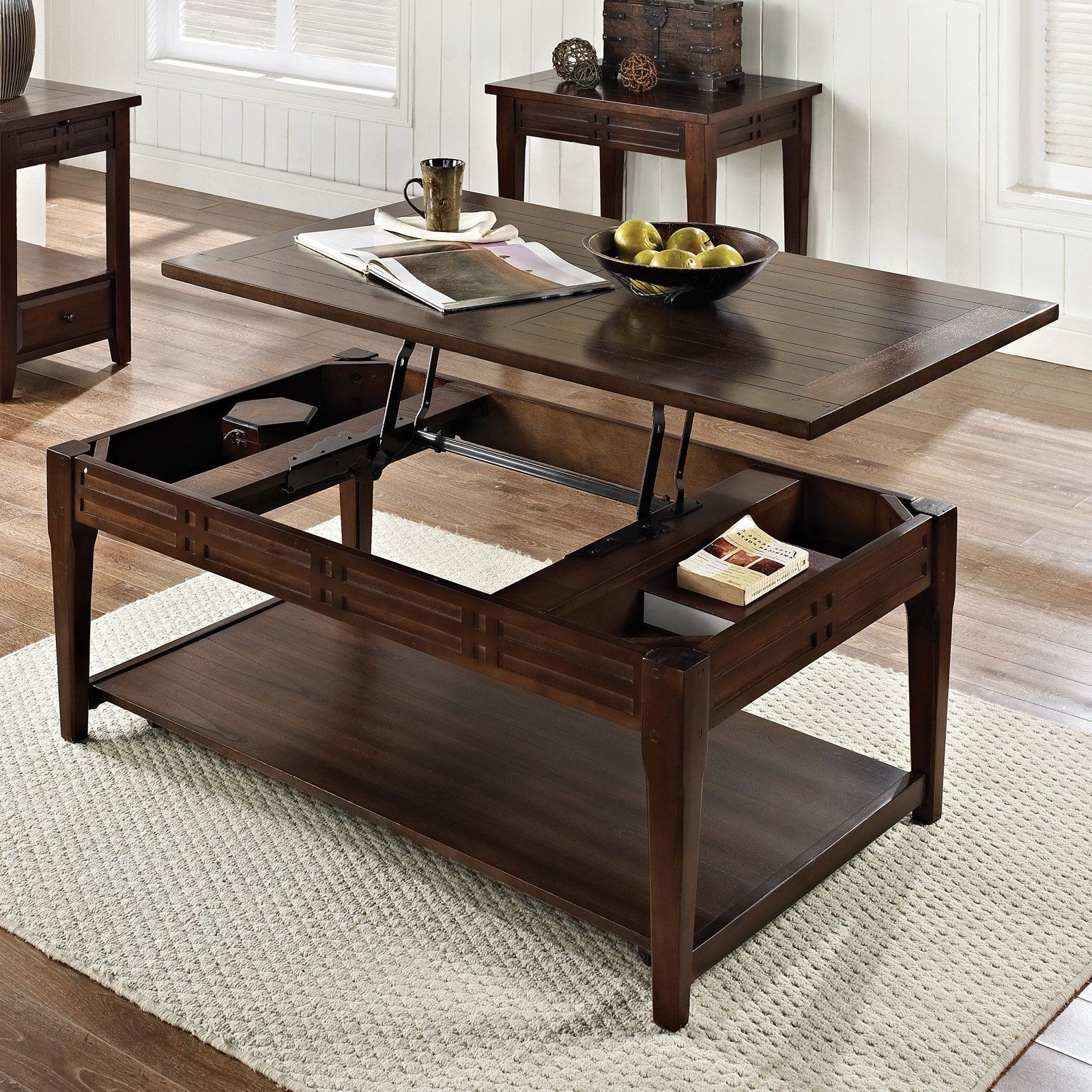 Coffee Tables With Casters Regarding Best And Newest Steve Silver Crestline Rectangle Distressed Walnut Wood Lift Top Coffee (Photo 15 of 15)