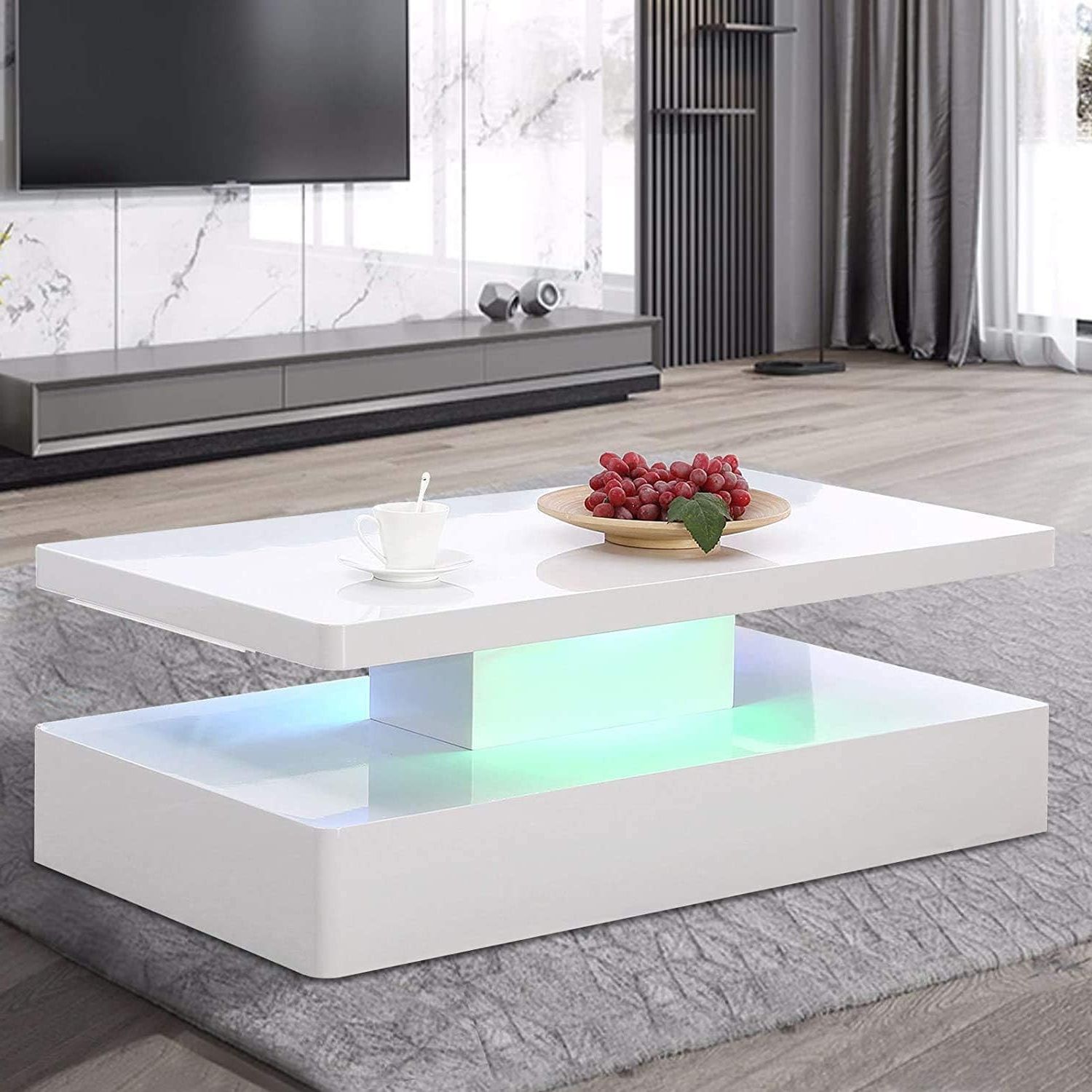 Coffee Tables With Drawers And Led Lights With Regard To Preferred Amazon: Mecor Modern Glossy White Coffee Table W/led Lighting, 2 (Photo 14 of 15)