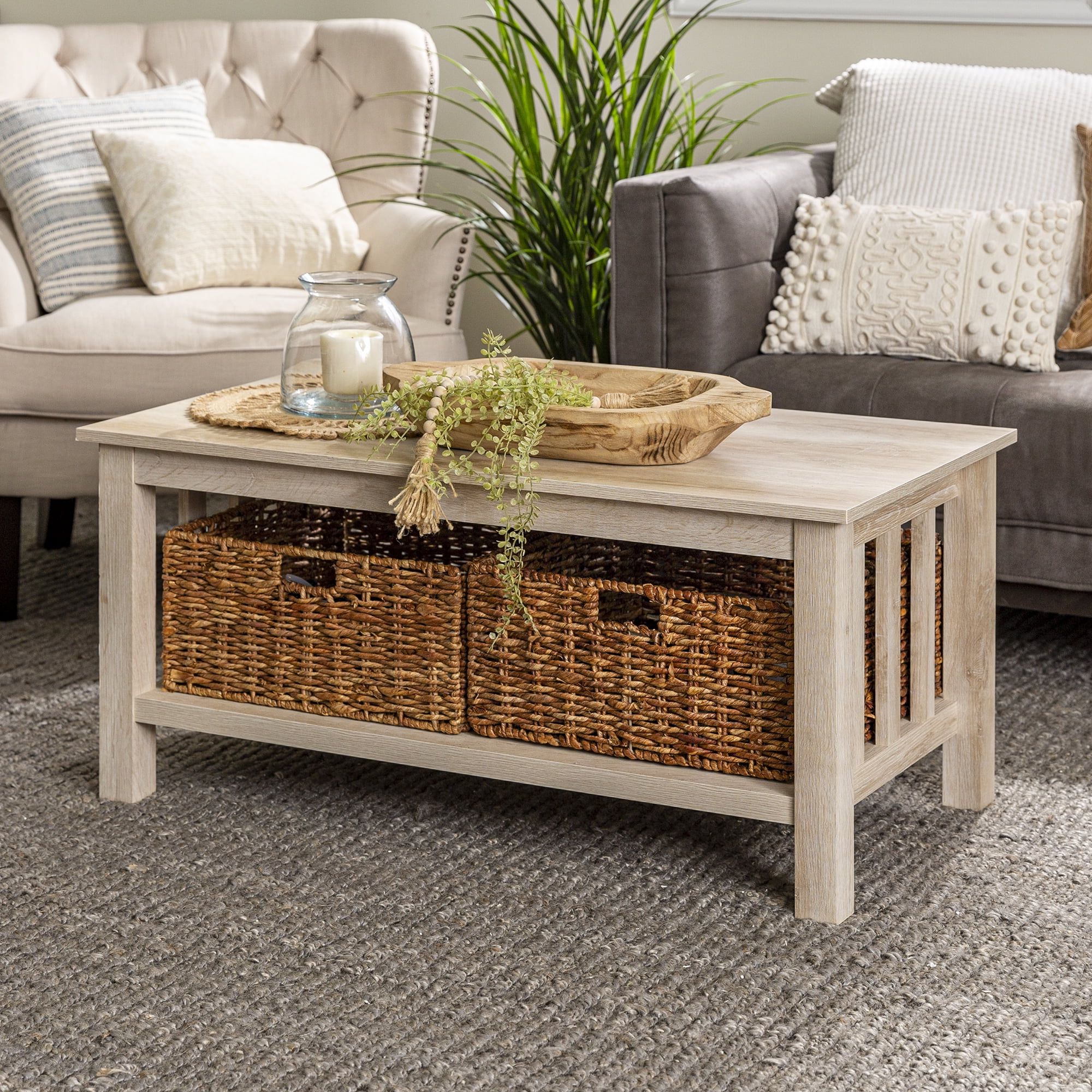 Coffee Tables With Open Storage Shelves Inside Famous Woven Paths Traditional Storage Coffee Table With Bins, White Oak (Photo 14 of 15)