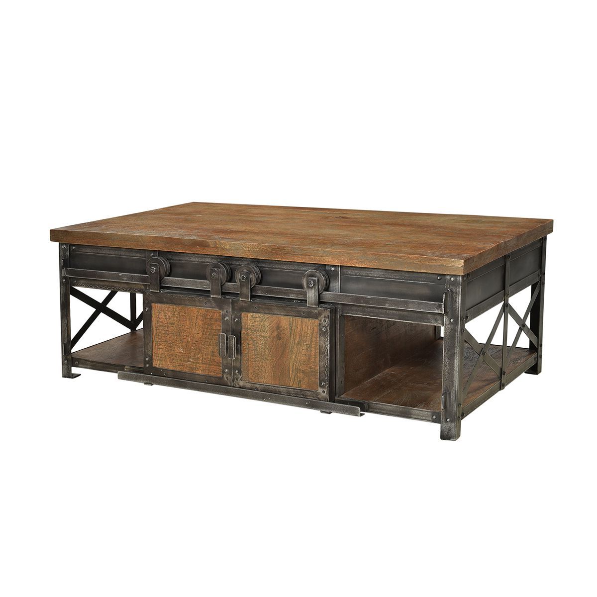 Coffee Tables With Sliding Barn Doors For Best And Newest Reclaimed Mango Wood And Distressed Iron Coffee Table With Farmhouse (Photo 11 of 15)