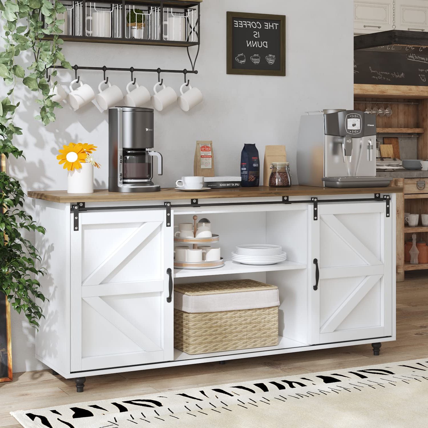 Coffee Tables With Sliding Barn Doors Inside Latest Buy Farmhouse Coffee Bar Cabinet With Sliding Barn Door 58” Buffet (View 7 of 15)