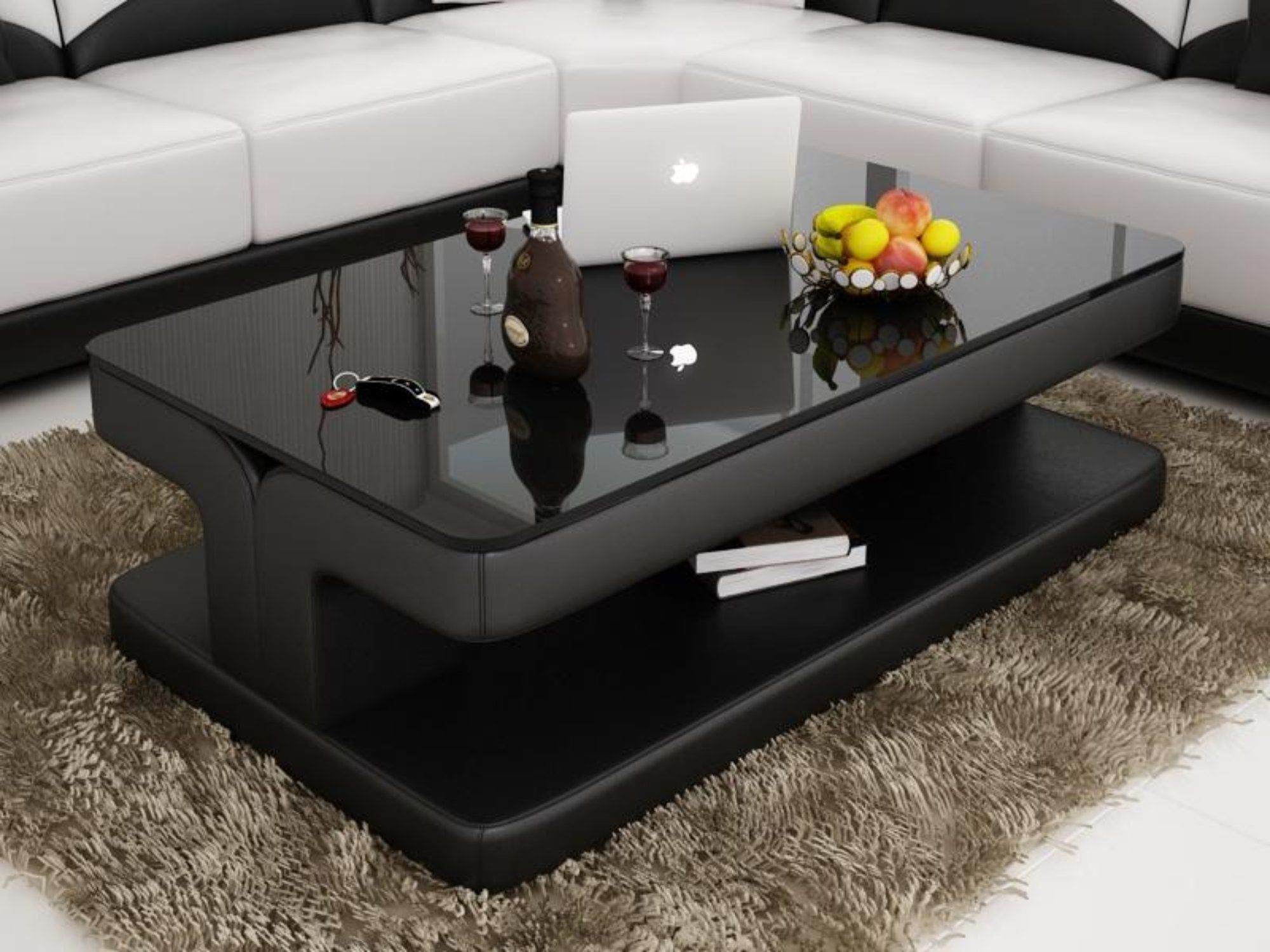 Contemporary Black Leather Coffee Table W/black Glass Table Top (Photo 10 of 15)