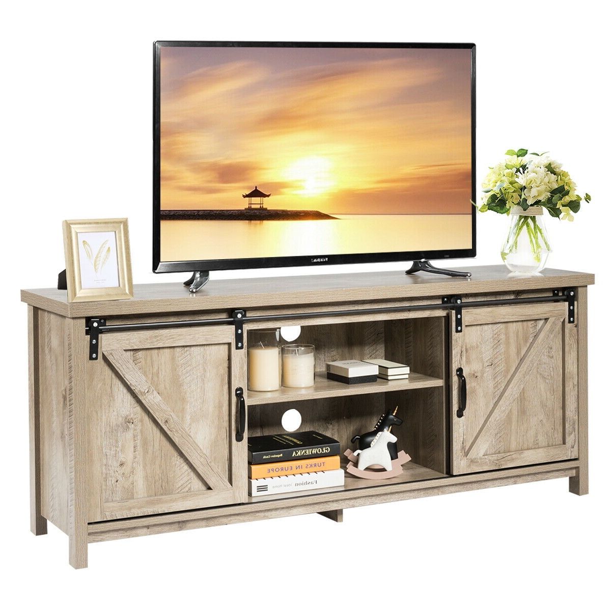Costway Tv Stand Media Center Console Cabinet Sliding Barn Door For Tv For Most Recently Released Barn Door Media Tv Stands (Photo 13 of 15)