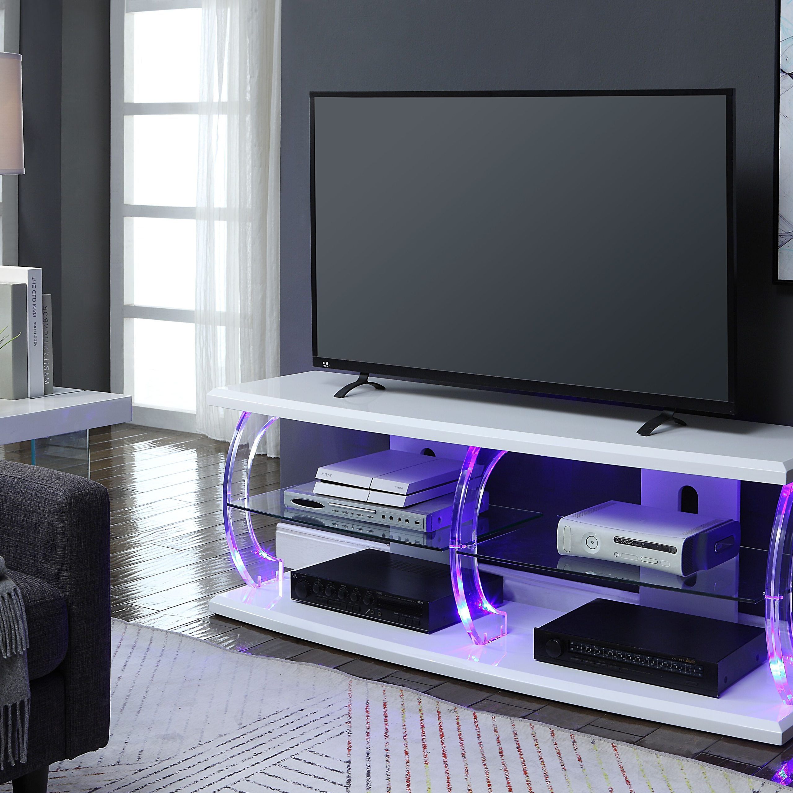 Current Acme Aileen Led Tv Stand With Rectangular Top In Clear Glass, Multiple In Led Tv Stands With Outlet (Photo 10 of 15)