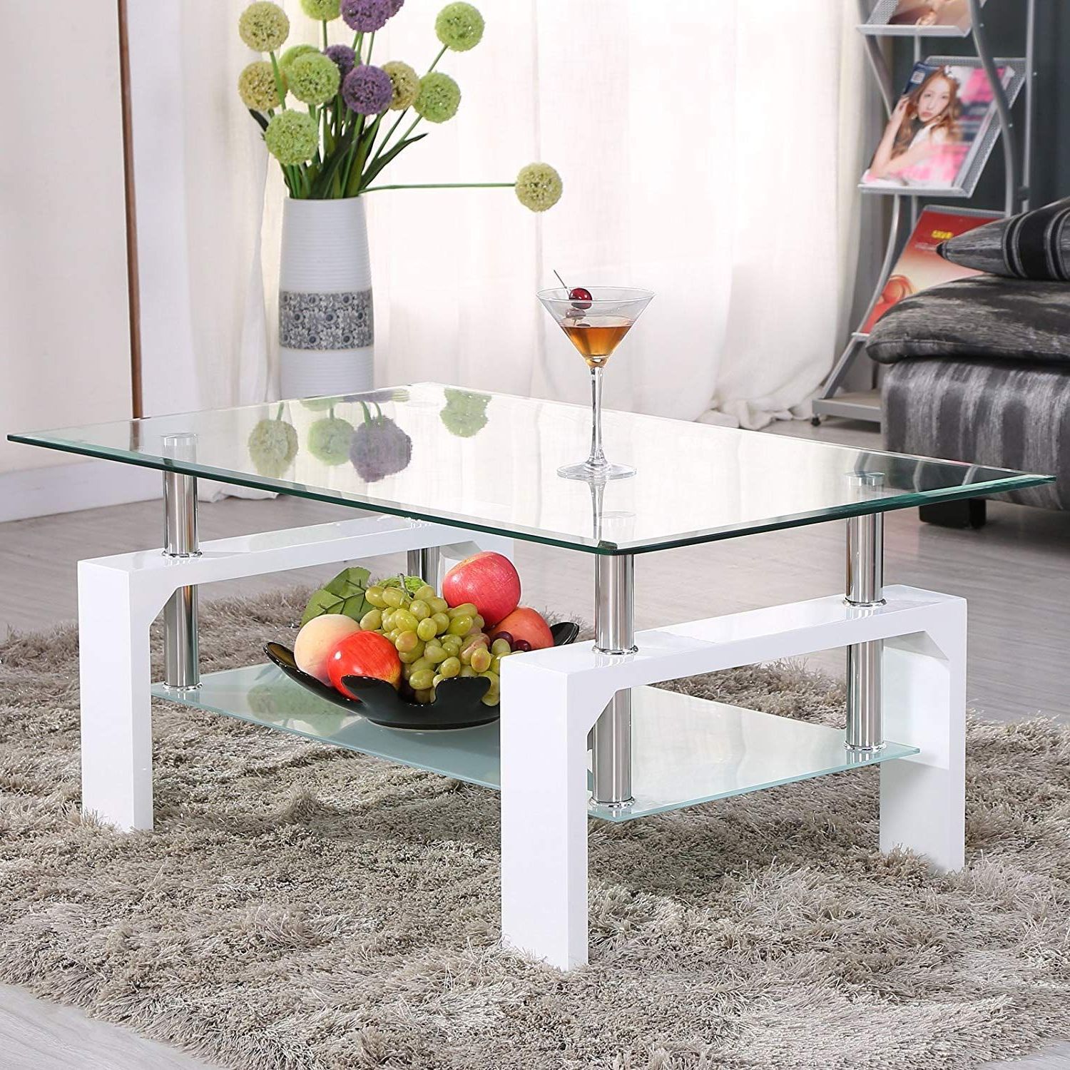 Current Amazon: Mecor Rectangle Glass Coffee Table White Modern Side Coffee In Glass Coffee Tables With Lower Shelves (View 5 of 15)