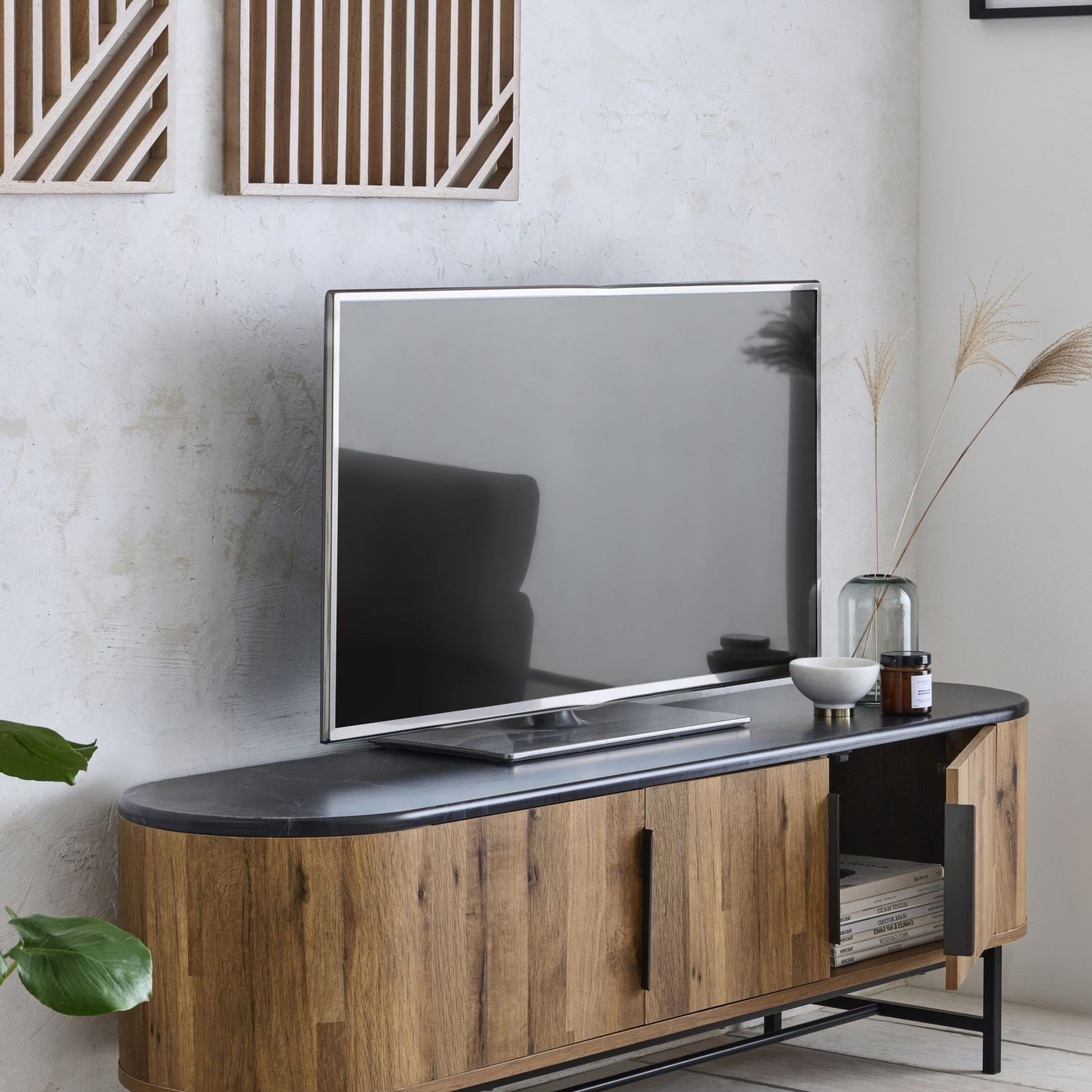Current Buy Dark Bronx Oak And Black Marble Effect Curved Wide Wide Tv Stand With Black Marble Tv Stands (View 7 of 15)