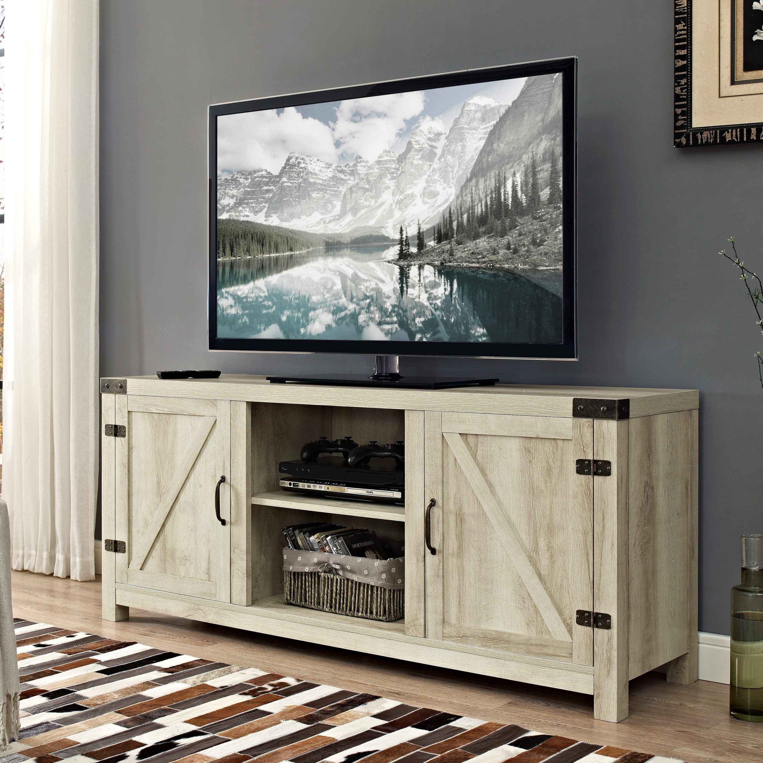 Current Farmhouse Stands For Tvs Intended For Woven Paths Modern Farmhouse Barn Door Tv Stand For Tvs Up To  (View 13 of 15)