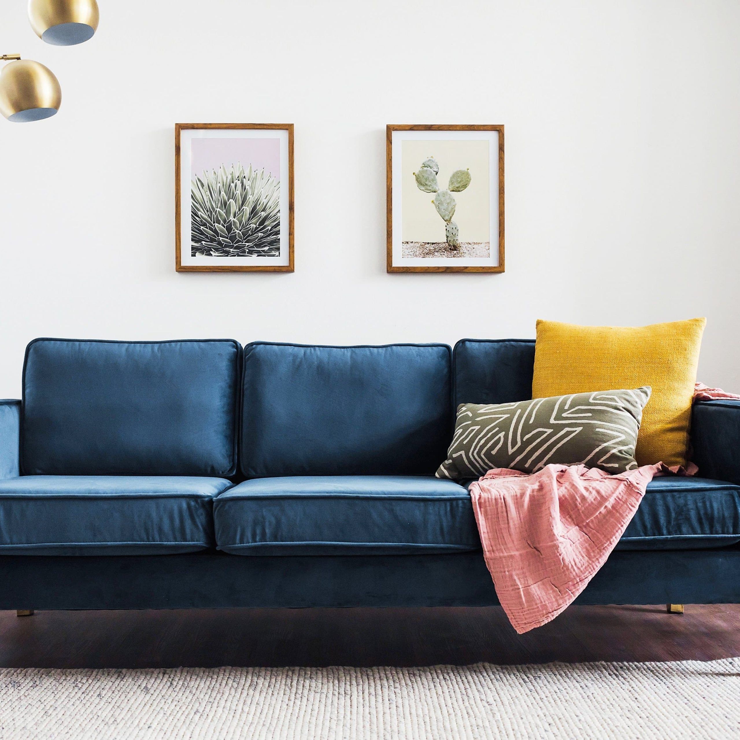 Current Sofas In Bluish Grey Intended For Lexington Blue Velvet Sofa – Mid Century Modern Sofa – Gold Legs (Photo 14 of 15)