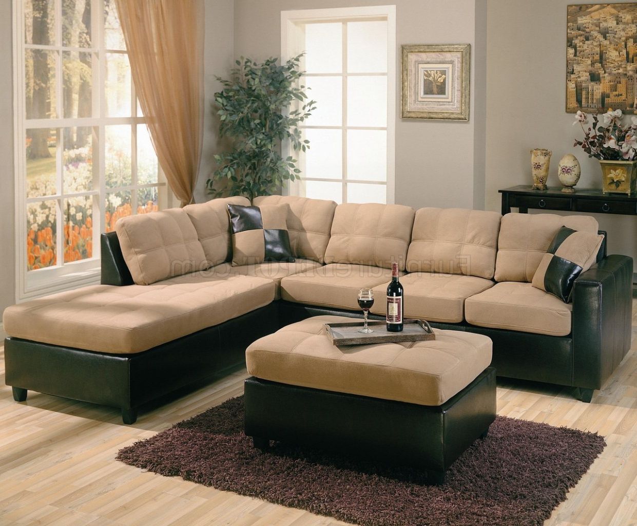 Current Two Tone Tan Microfiber & Dark Brown Faux Leather Sectional Sofa Pertaining To Faux Leather Sofas In Dark Brown (View 5 of 15)