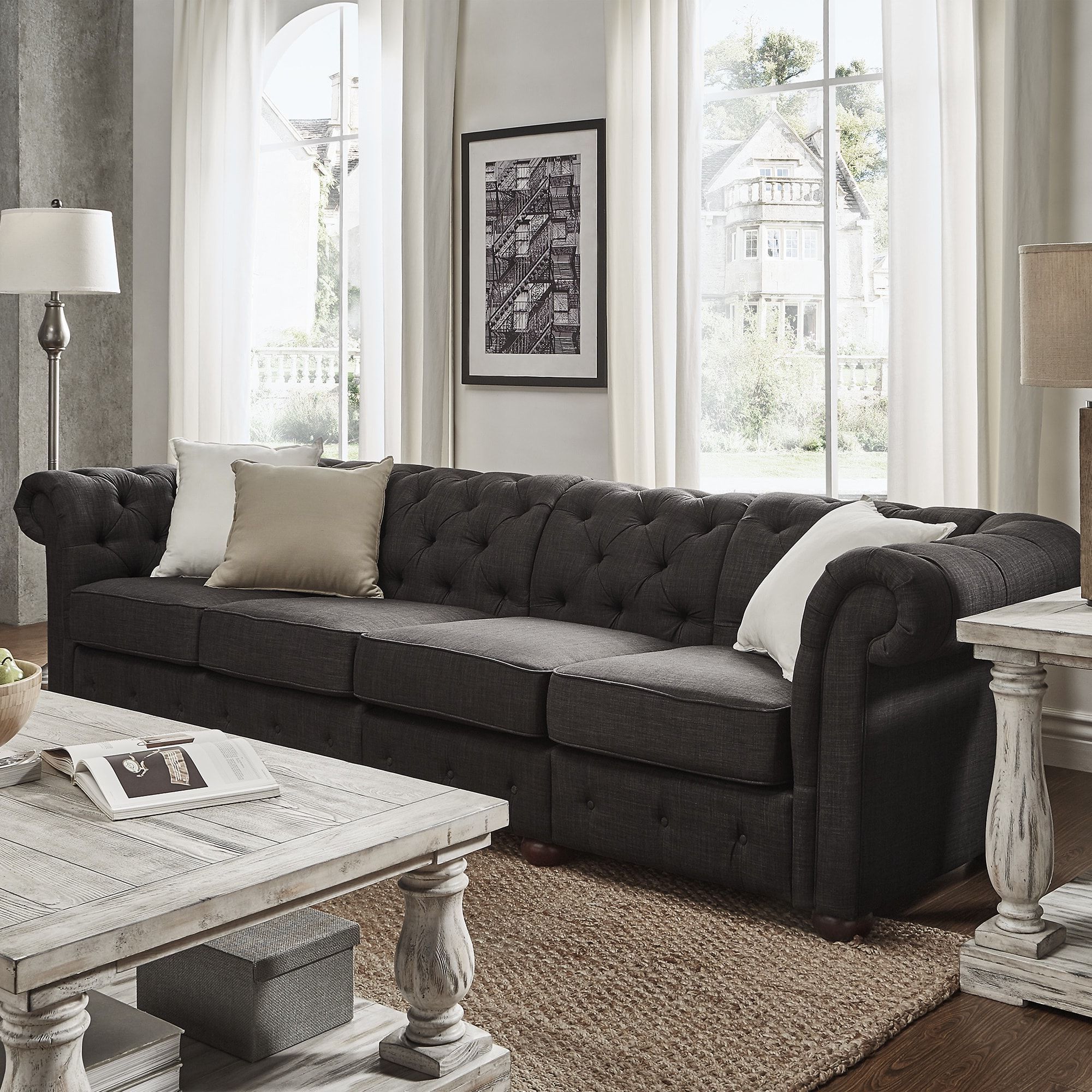 Dark Grey Loveseat Sofas In Well Known Knightsbridge Dark Grey Extra Long Tufted Chesterfield Sofainspire (View 3 of 15)