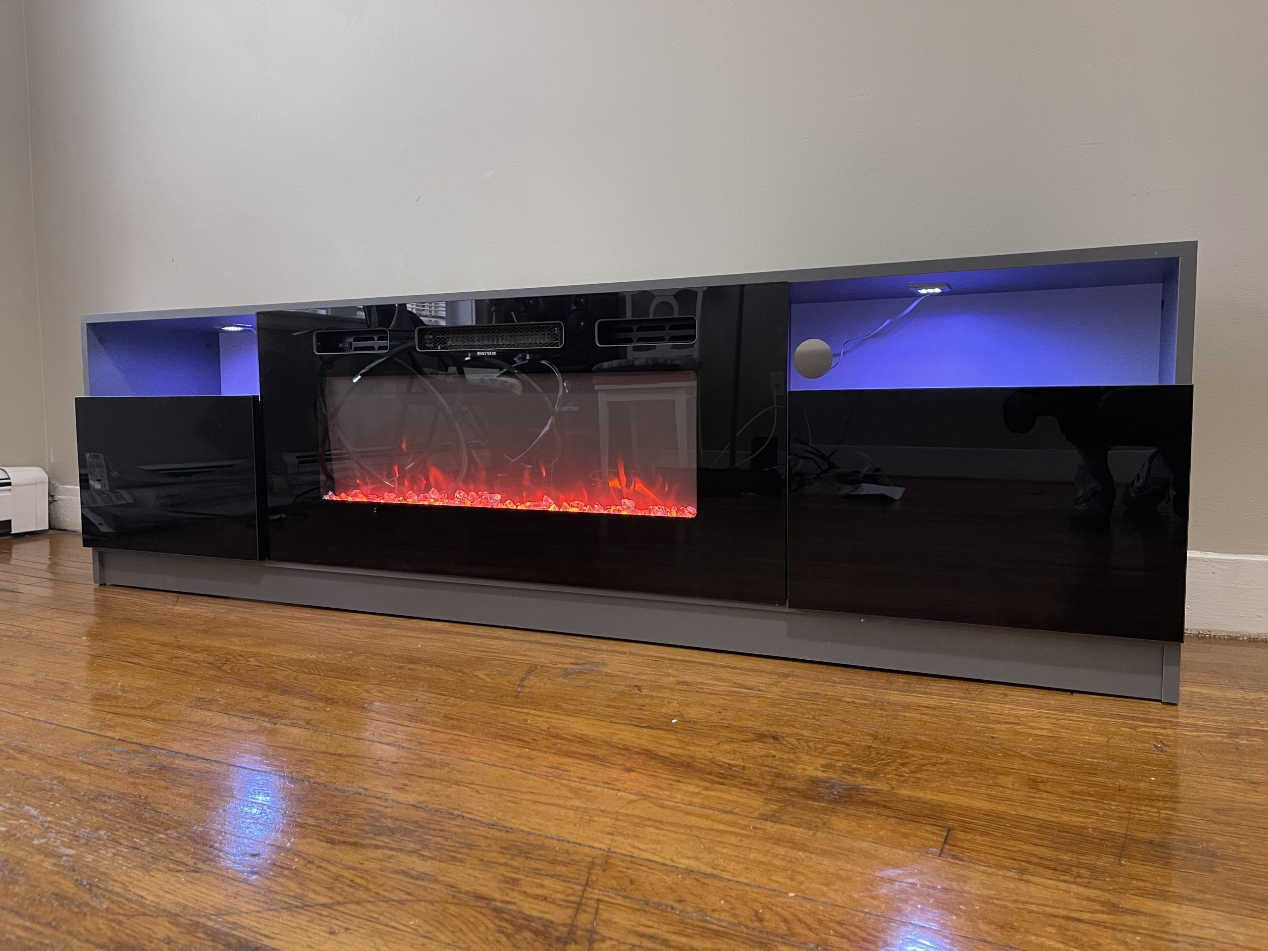 Delaine Tv Stand For Tvs Up To 88" With Electric Fireplace Review Inside Fashionable Tv Stands With Lights (Photo 14 of 15)