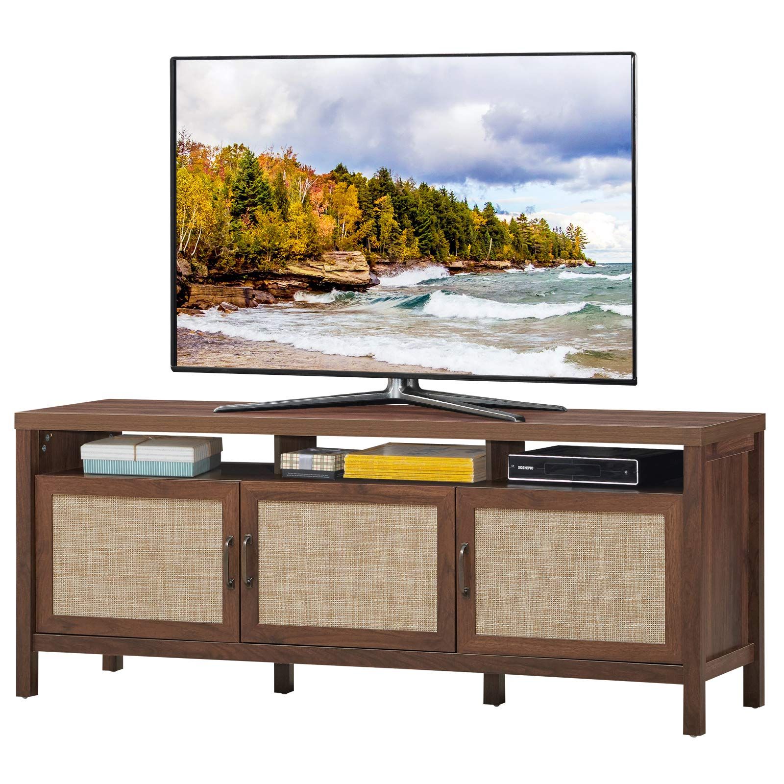 Famous Buy Tangkula Farmhouse Rattan Tv Stand, 62 Inches Modern Boho Inside Farmhouse Rattan Tv Stands (View 2 of 15)