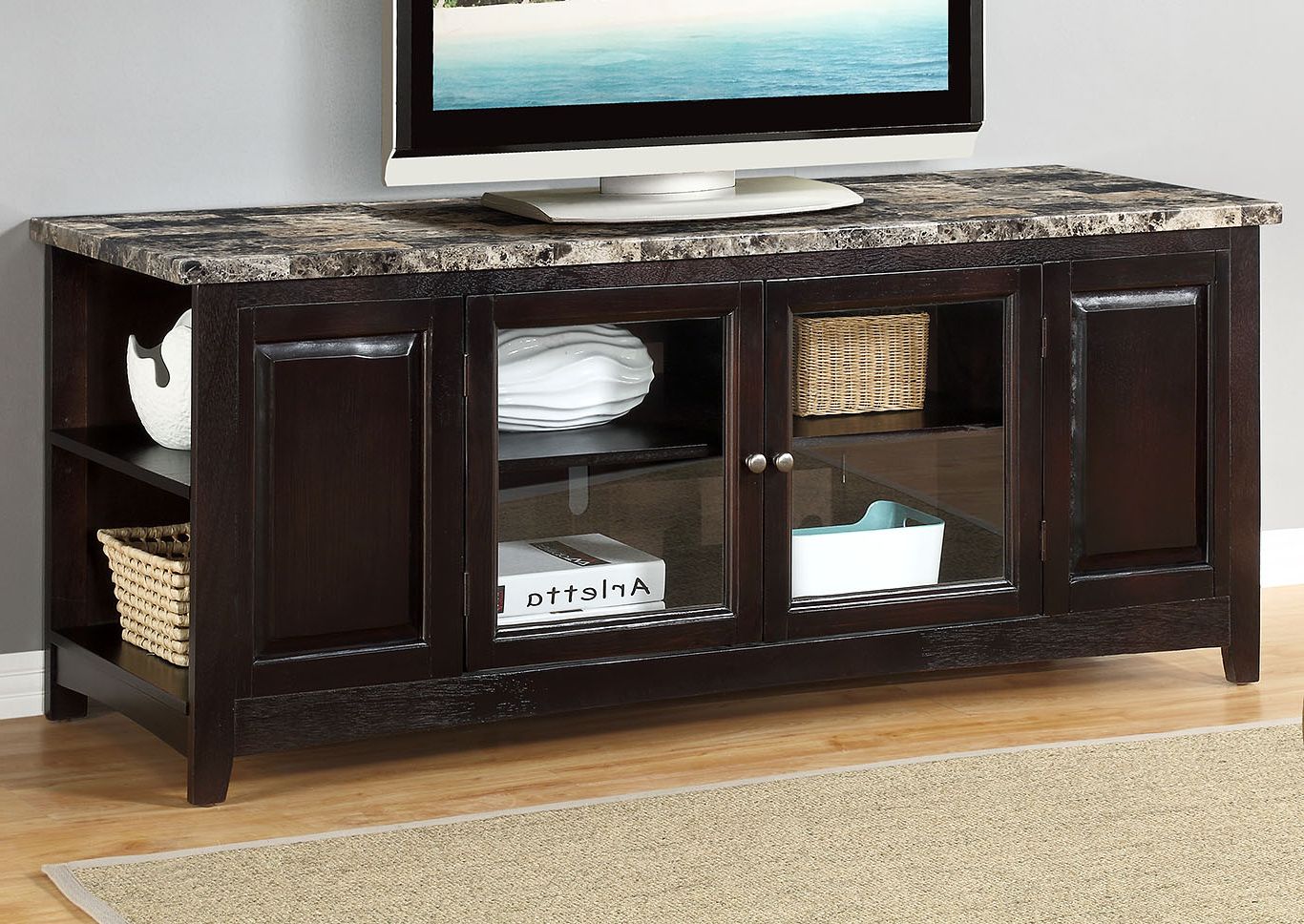 Famous Cherry 62'' Faux Marble Top Tv Stand Ed's Discount Furniture With Regard To Black Marble Tv Stands (View 10 of 15)