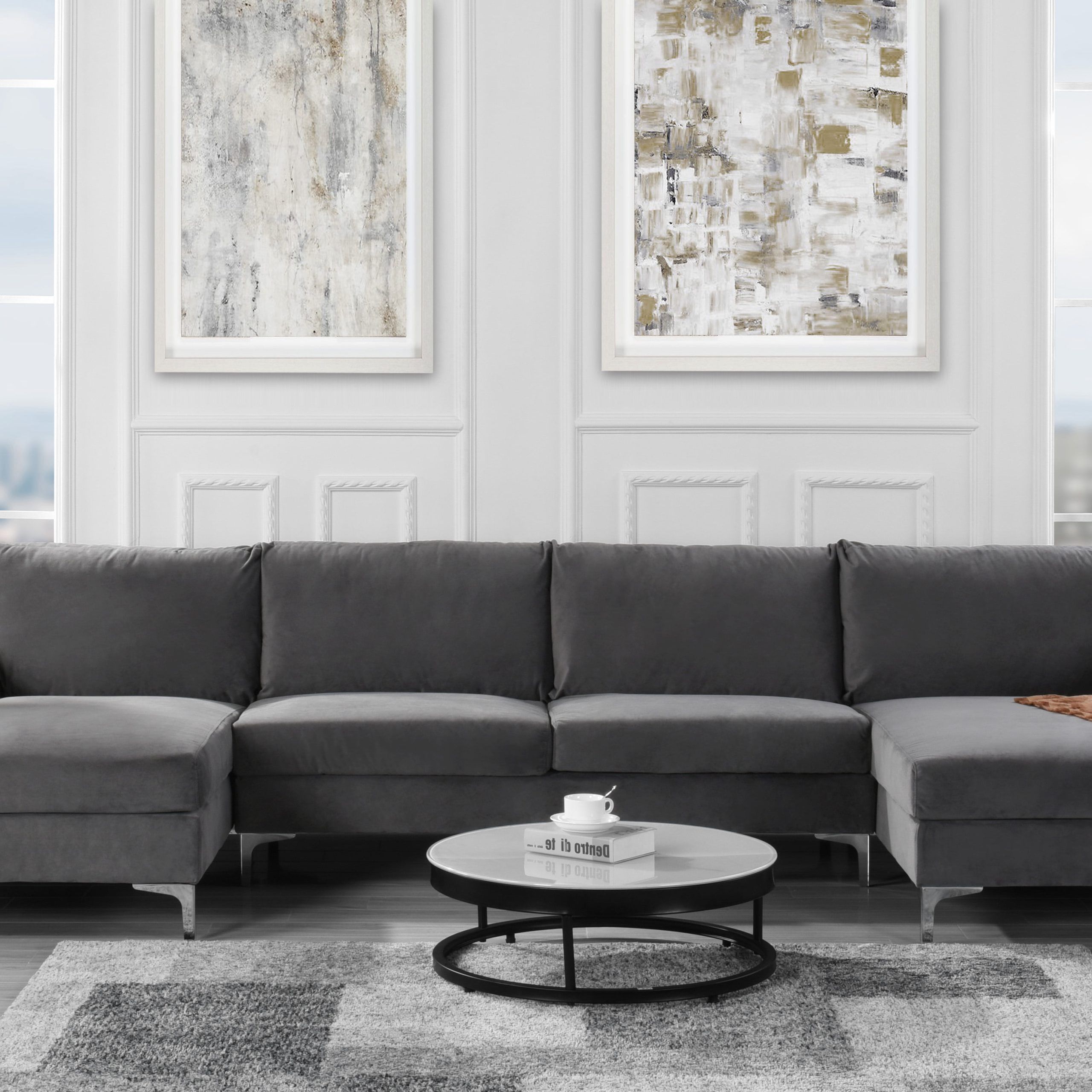 Famous Modern U Shape Sectional Sofas In Gray For Modern Large Velvet U Shape Sectional With Double Chaise Lounge, Extra (View 2 of 15)