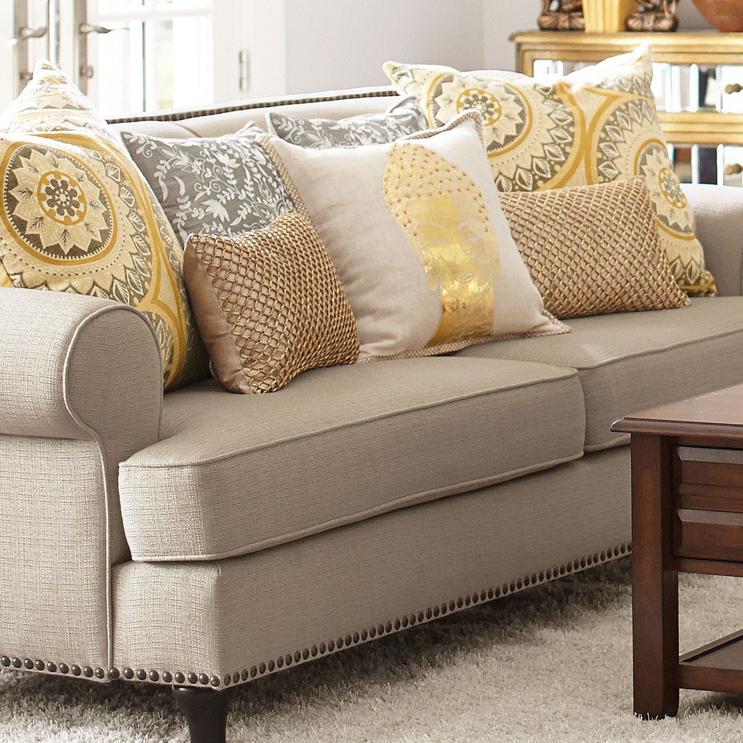 Famous Sofas In Beige Inside Metallic Gold Pillows! Eeep! (Photo 10 of 15)
