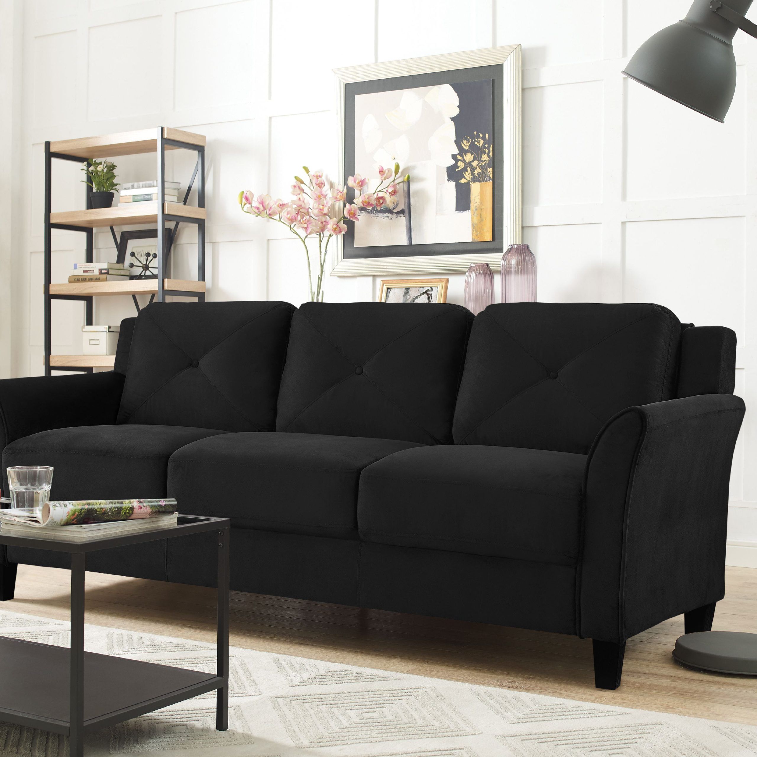 Famous Sofas With Curved Arms Pertaining To Lifestyle Solutions Taryn Curved Arm Fabric Sofa, Black – Walmart (Photo 4 of 15)