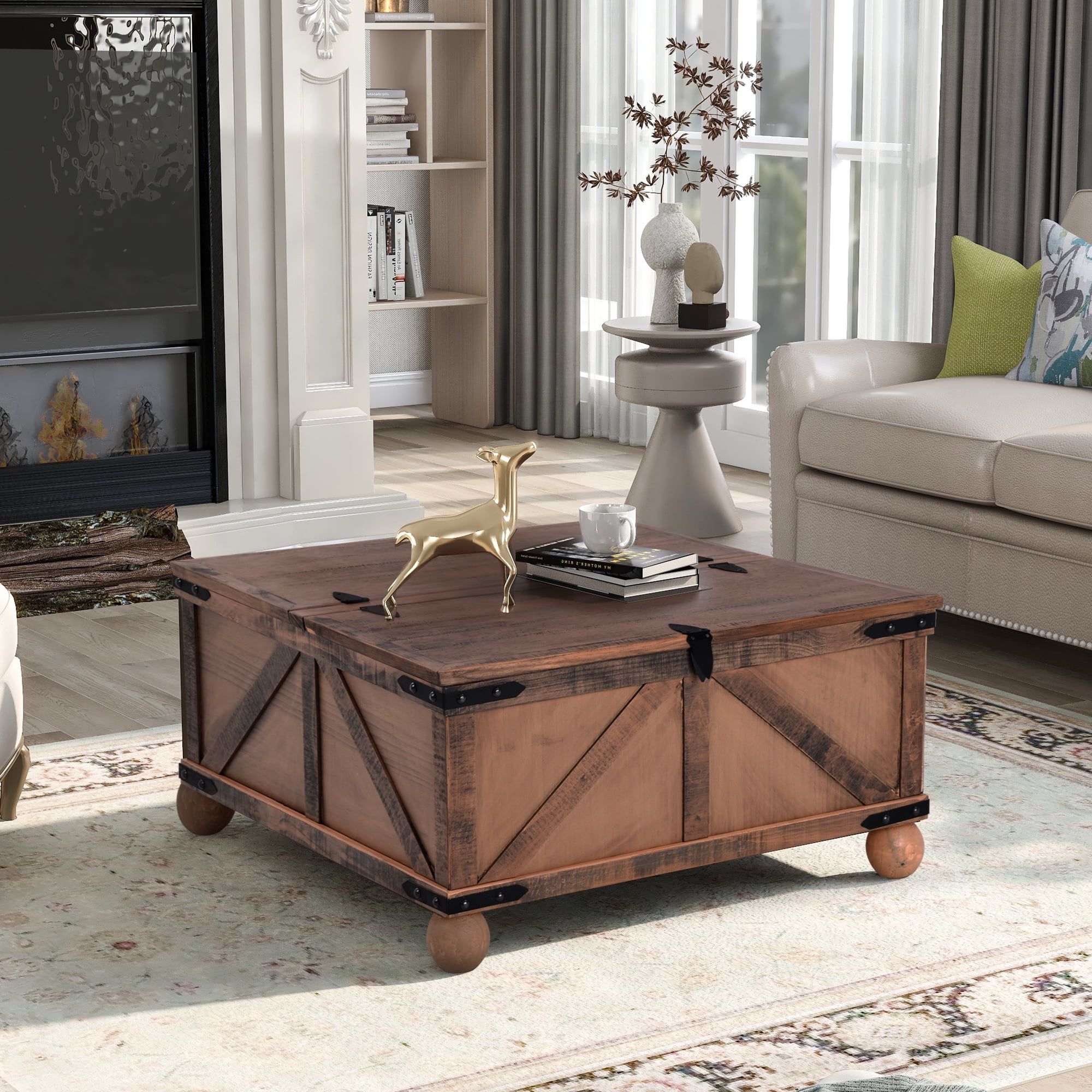 Farmhouse Square Coffee Table With Lift Top For Storage, Brown Throughout Well Known Farmhouse Lift Top Tables (Photo 6 of 15)