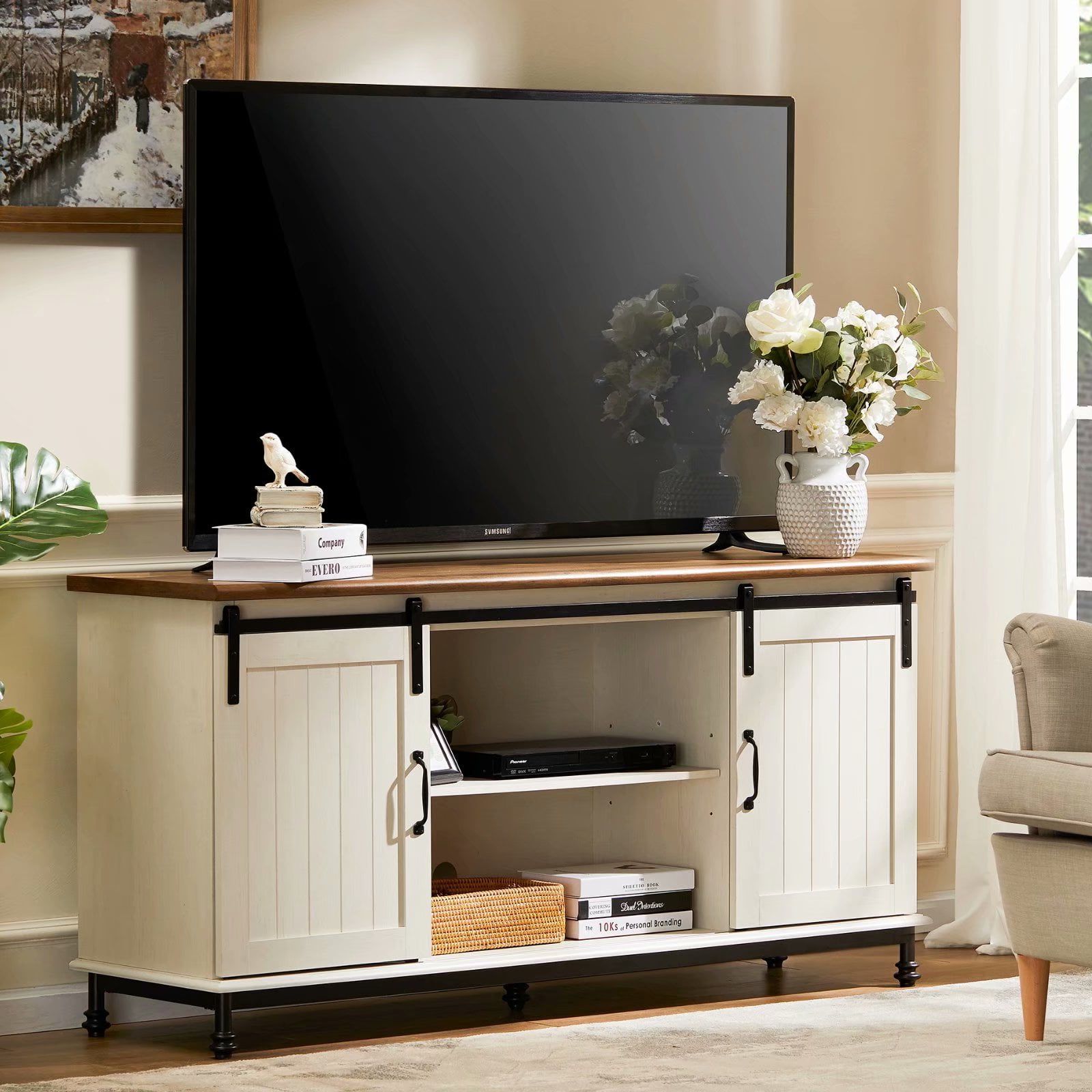 Farmhouse Stands For Tvs In Latest Buy Wampat Farmhouse Tv Stand Sliding Barn Door Entertainment Center (View 15 of 15)
