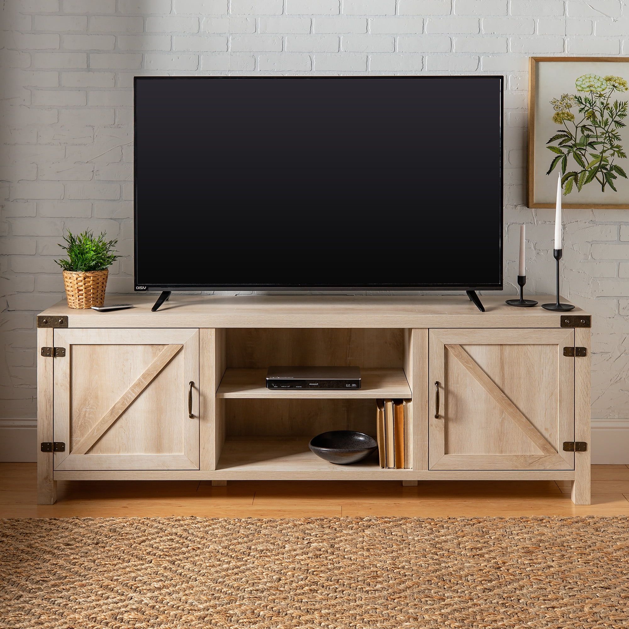 Farmhouse Stands For Tvs Within Favorite Woven Paths Farmhouse Barn Door Tv Stand For Tvs Up To 80", White Oak (Photo 2 of 15)