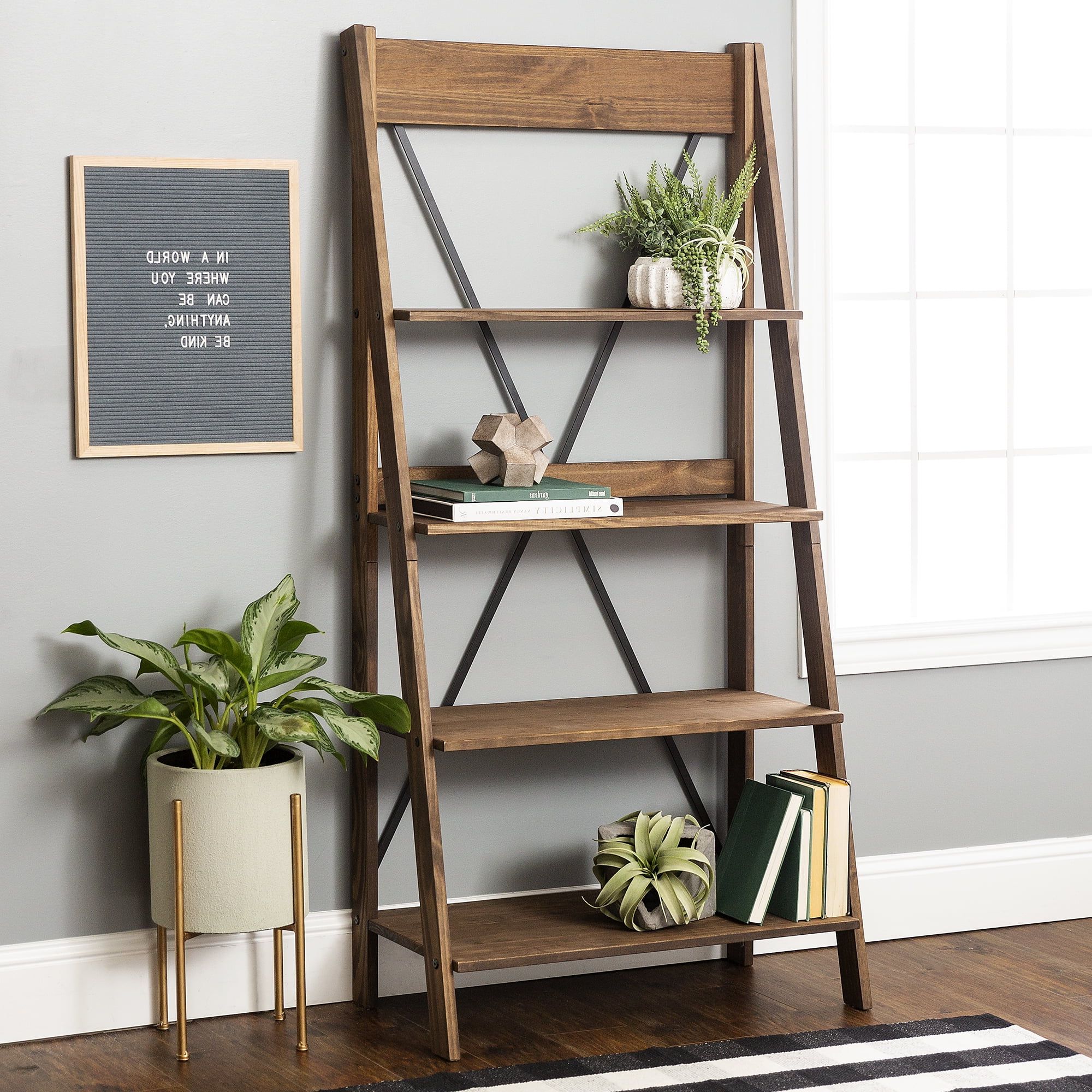 Farmhouse Stands With Shelves For Well Known Farmhouse Brown Solid Wood 4 Shelf Ladder Bookshelfmanor Park (View 15 of 15)