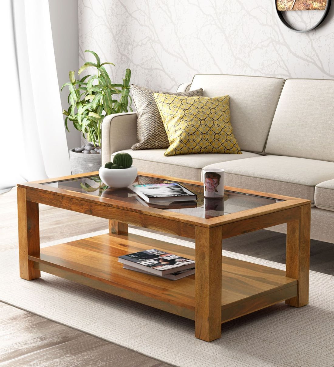 Fashionable Buy Mckaine Solid Wood Coffee Table With Glass Top In Rustic Teak Regarding Coffee Tables With Solid Legs (View 8 of 15)
