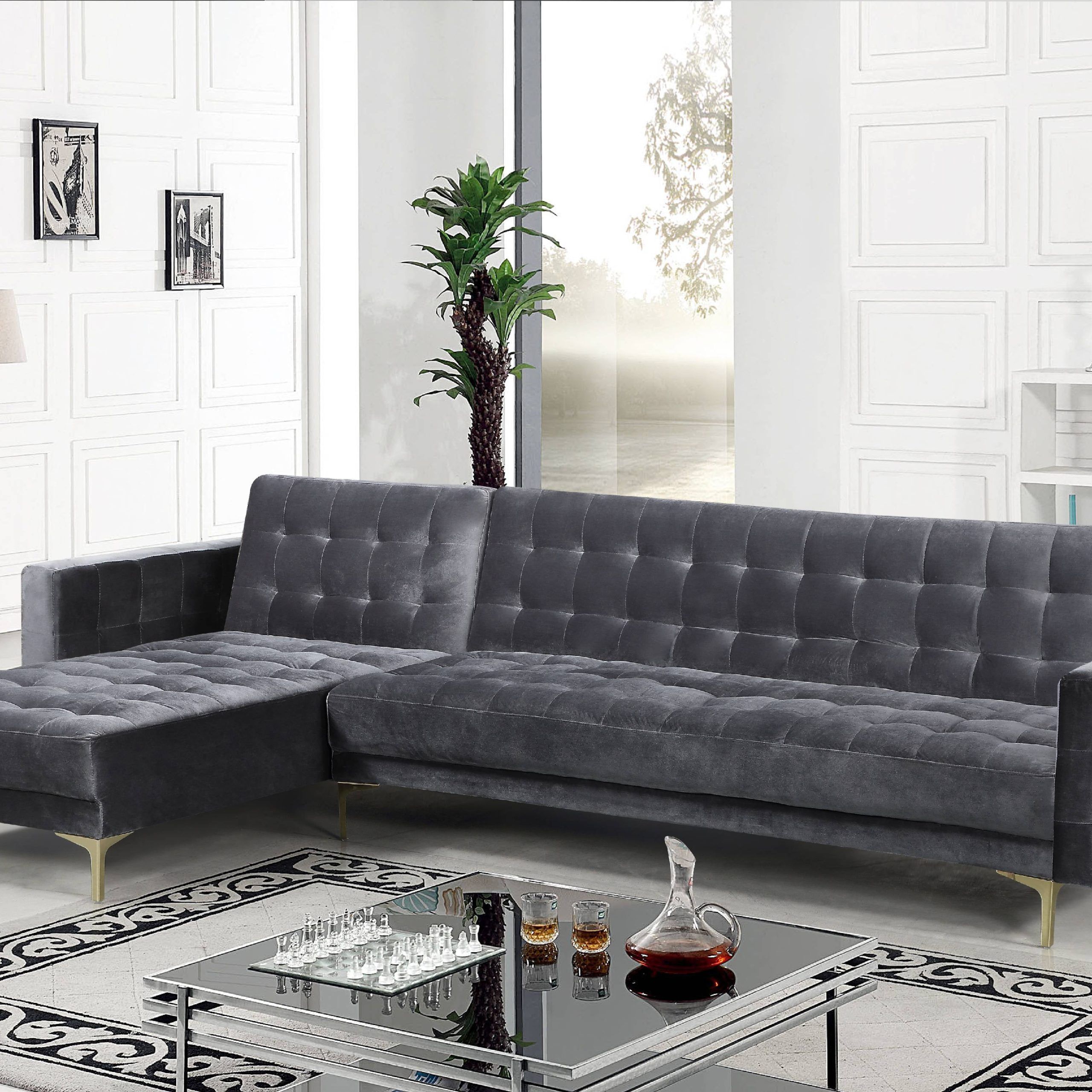 Fashionable Chic Home Kiefer Velvet Right Facing Convertible Sectional Sofa Bed Throughout 66" Convertible Velvet Sofa Beds (View 2 of 15)