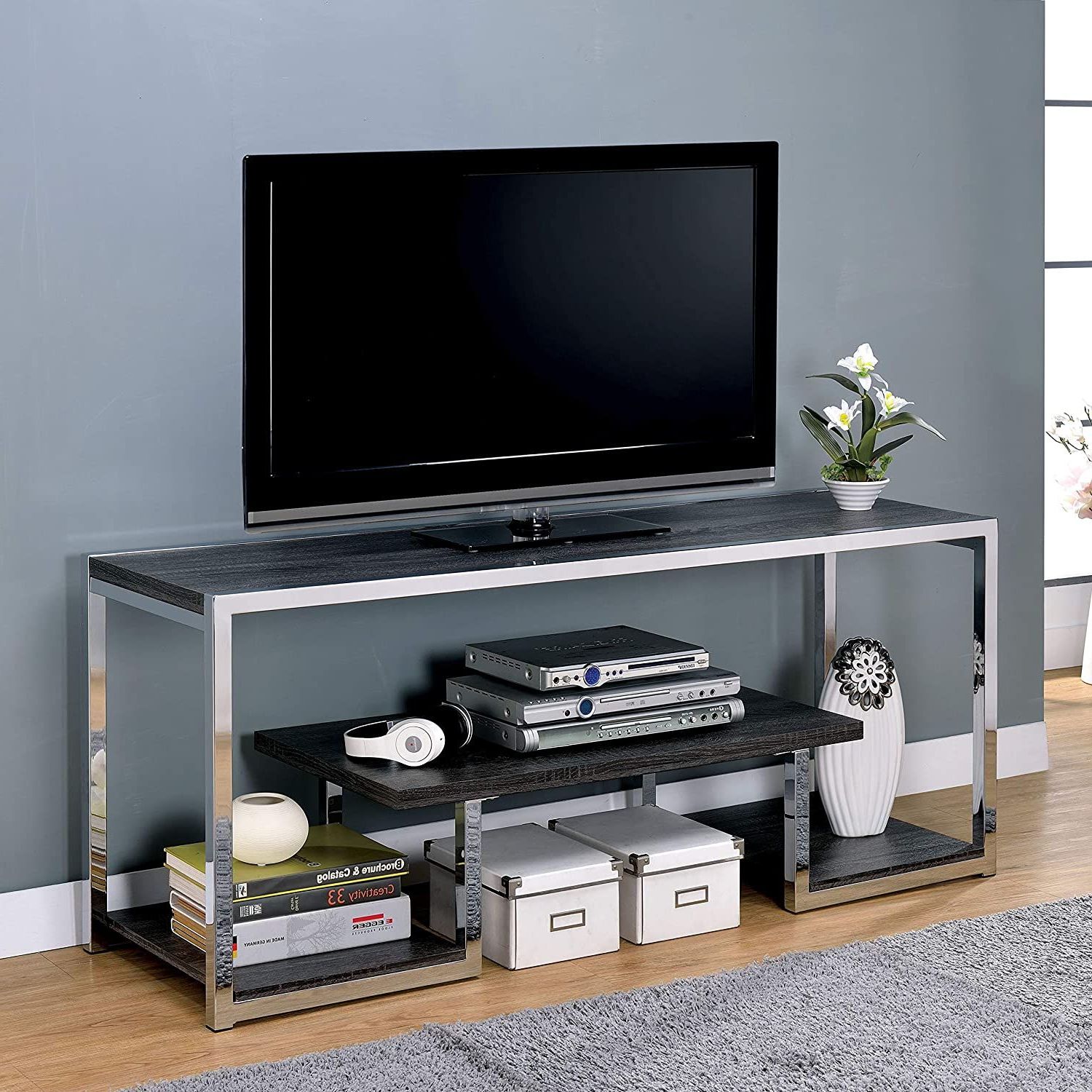 Fashionable Contemporary 60 Inch Metal 3 Shelf Tv Stand – 72 Inches Silver Casual With Regard To Modern Stands With Shelves (View 10 of 15)