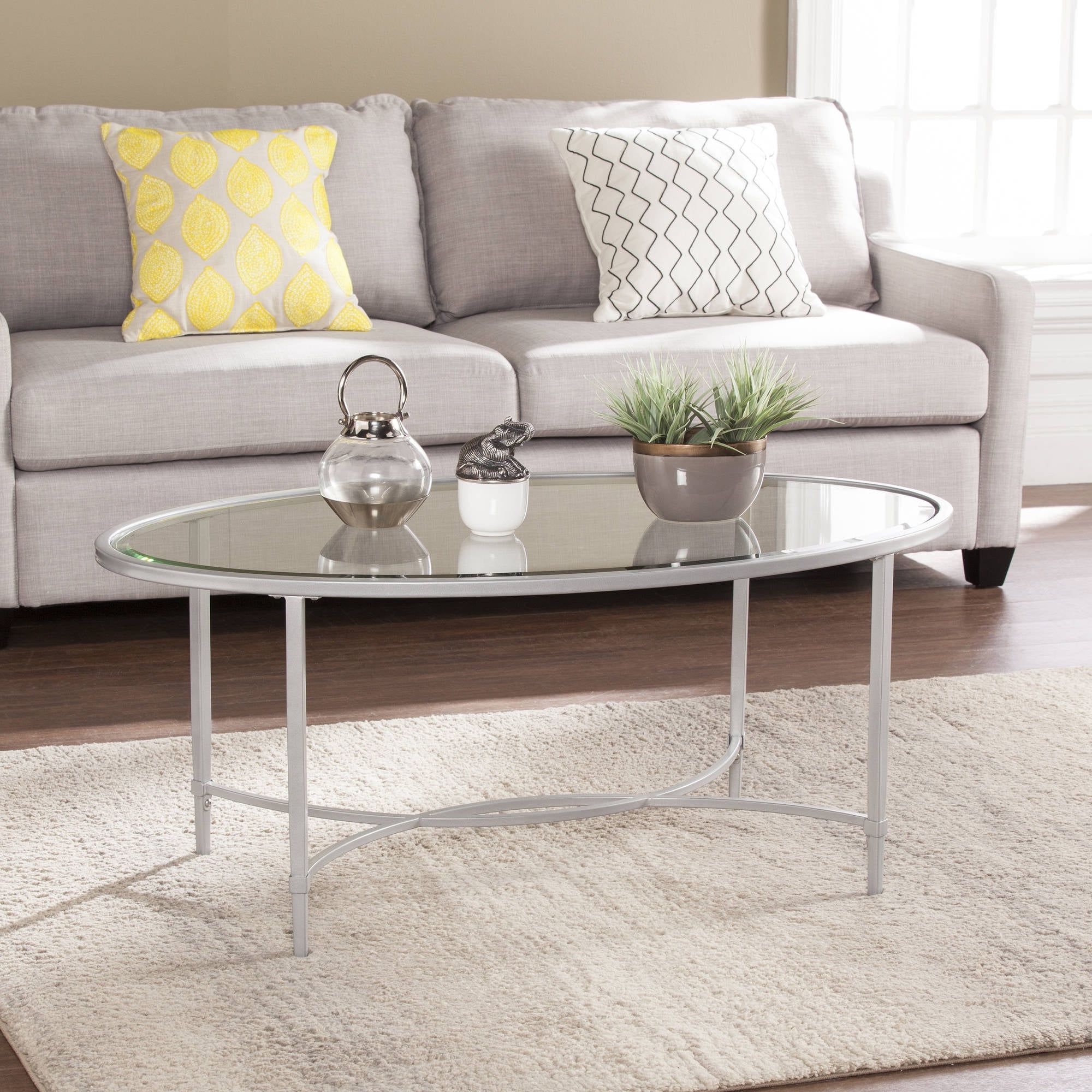 Fashionable Quibilah Metal/glass Oval Coffee Table, Silver – Walmart In Oval Glass Coffee Tables (View 7 of 15)