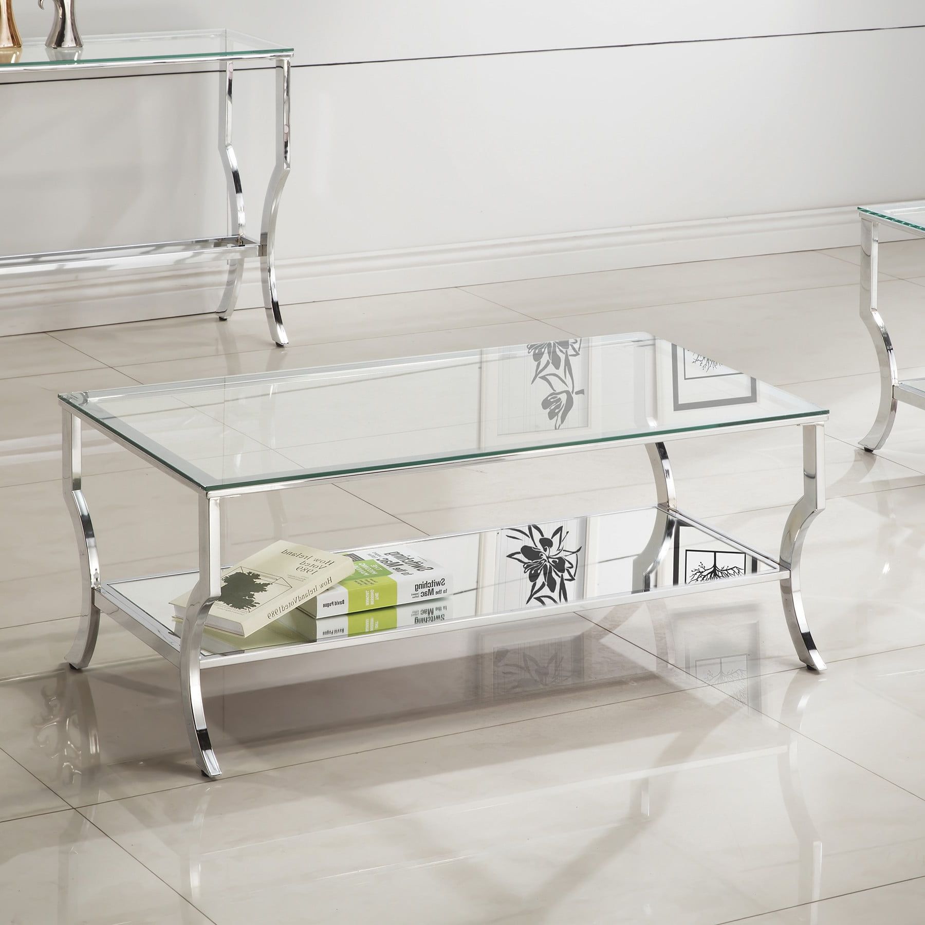 Fashionable Rectangular Coffee Table With Mirrored Shelf Chrome – Walmart With Regard To Clear Rectangle Center Coffee Tables (View 13 of 15)