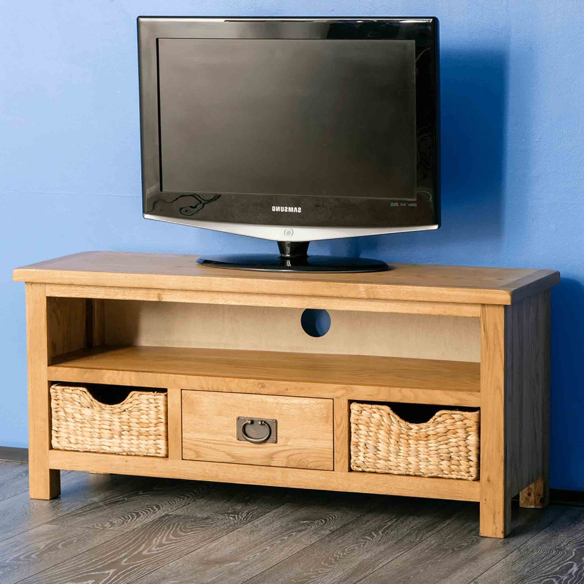Fashionable Surrey Oak 110cm Large Tv Stand With Baskets, Traditional, Rustic Solid Within Oaklee Tv Stands (View 14 of 15)