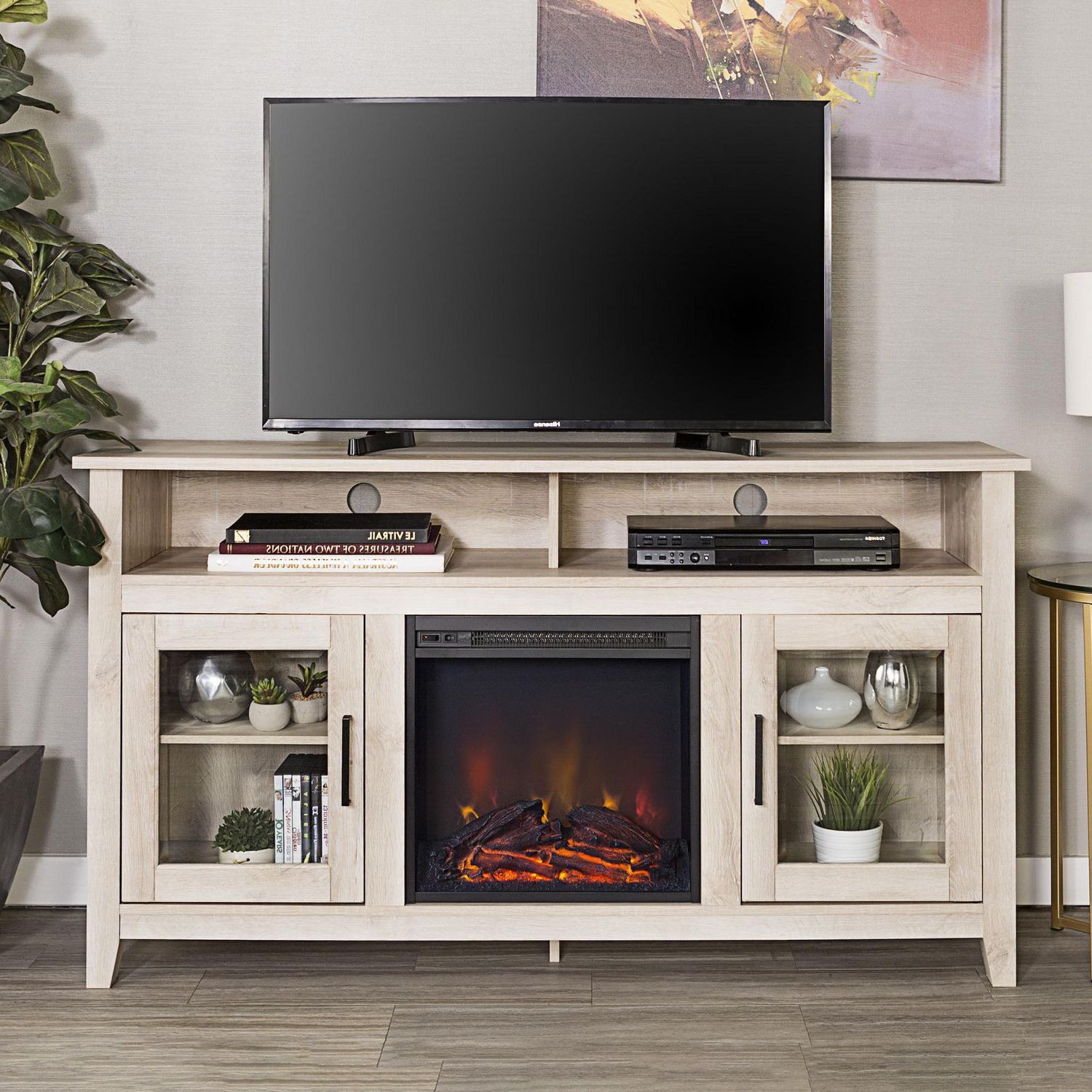 Fashionable Wood Highboy Fireplace Tv Stands Throughout Manor Park 58" Wood Highboy Fireplace Media Tv Stand Console – White (Photo 9 of 15)