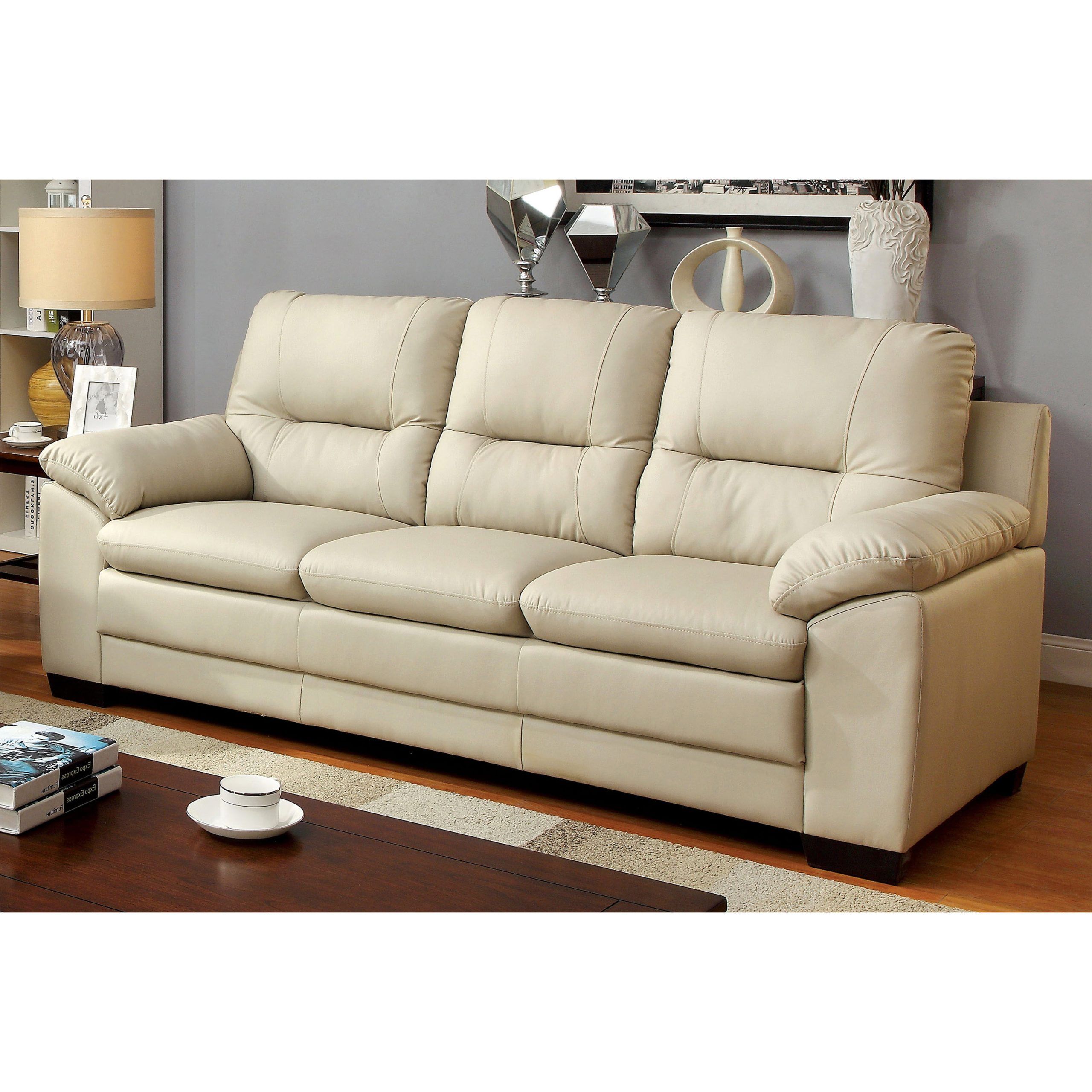 Faux Leather Sofas With Regard To Recent Furniture Of America Contemporary Faux Leather Truman Sofa, Ivory (Photo 3 of 15)
