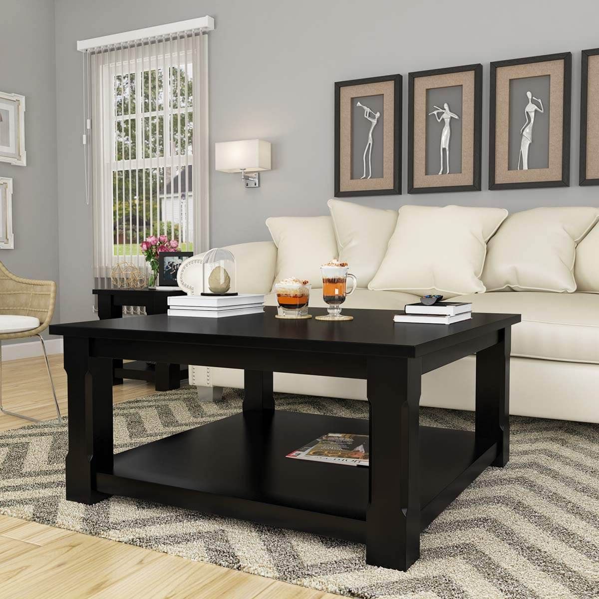 Favorite Black Wood Square Coffee Table – Brimson Contemporary Style Solid Wood Within Wood Coffee Tables With 2 Tier Storage (View 10 of 15)