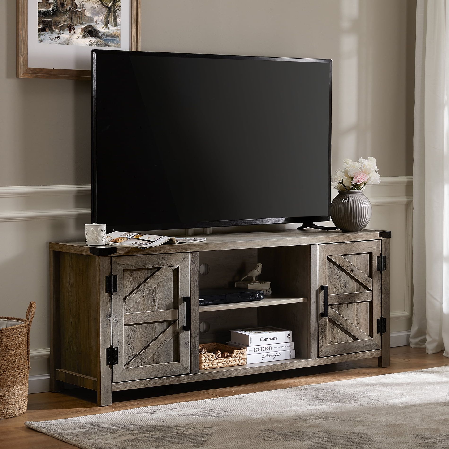 Favorite Buy Fitueyes Farmhouse Barn Door Wood Tv Stands For 70 Flat Screen Pertaining To Farmhouse Tv Stands For 70 Inch Tv (Photo 2 of 15)