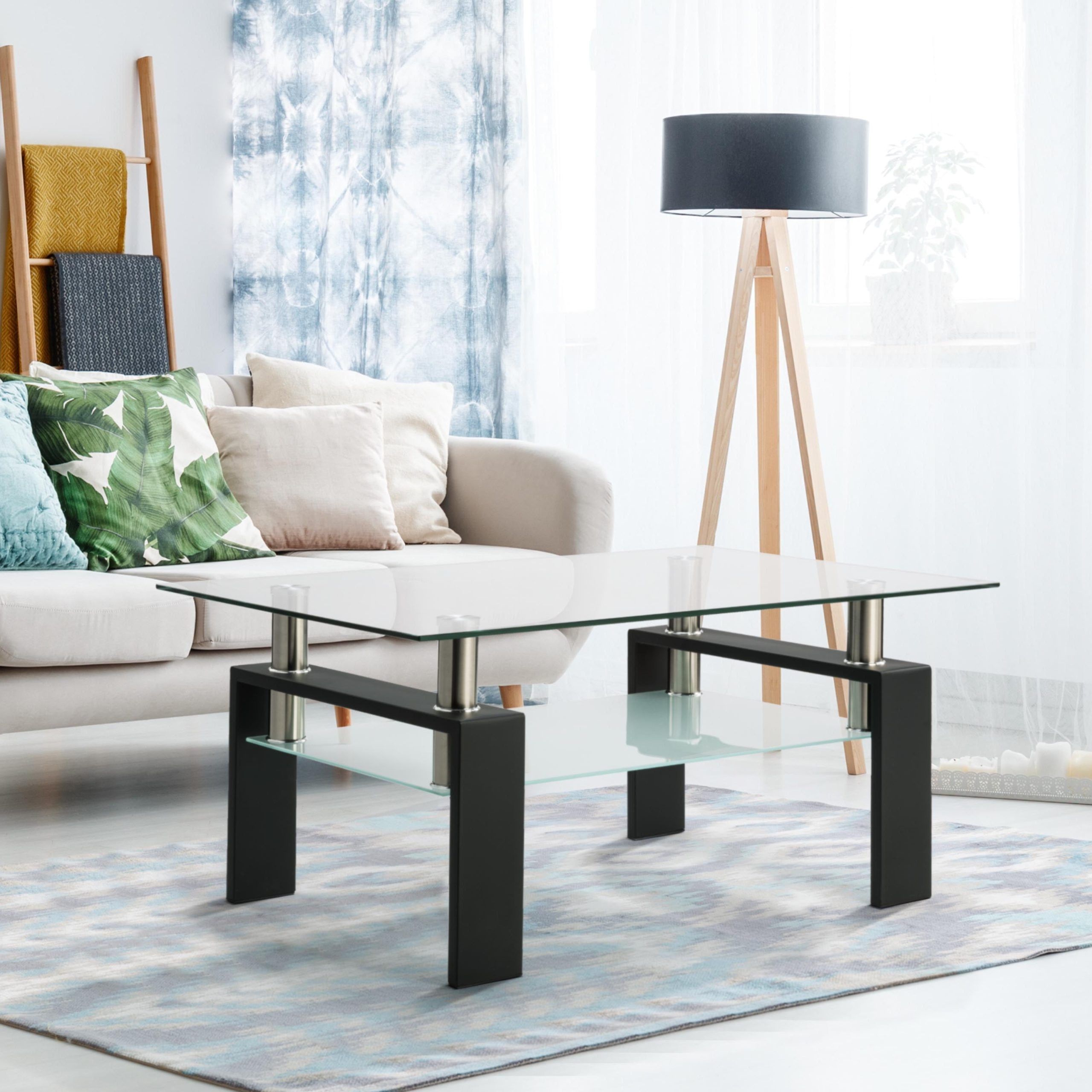 Favorite Clear Rectangle Glass Coffee Table With Lower Shelf,moderntable With Regarding Glass Coffee Tables With Lower Shelves (Photo 4 of 15)
