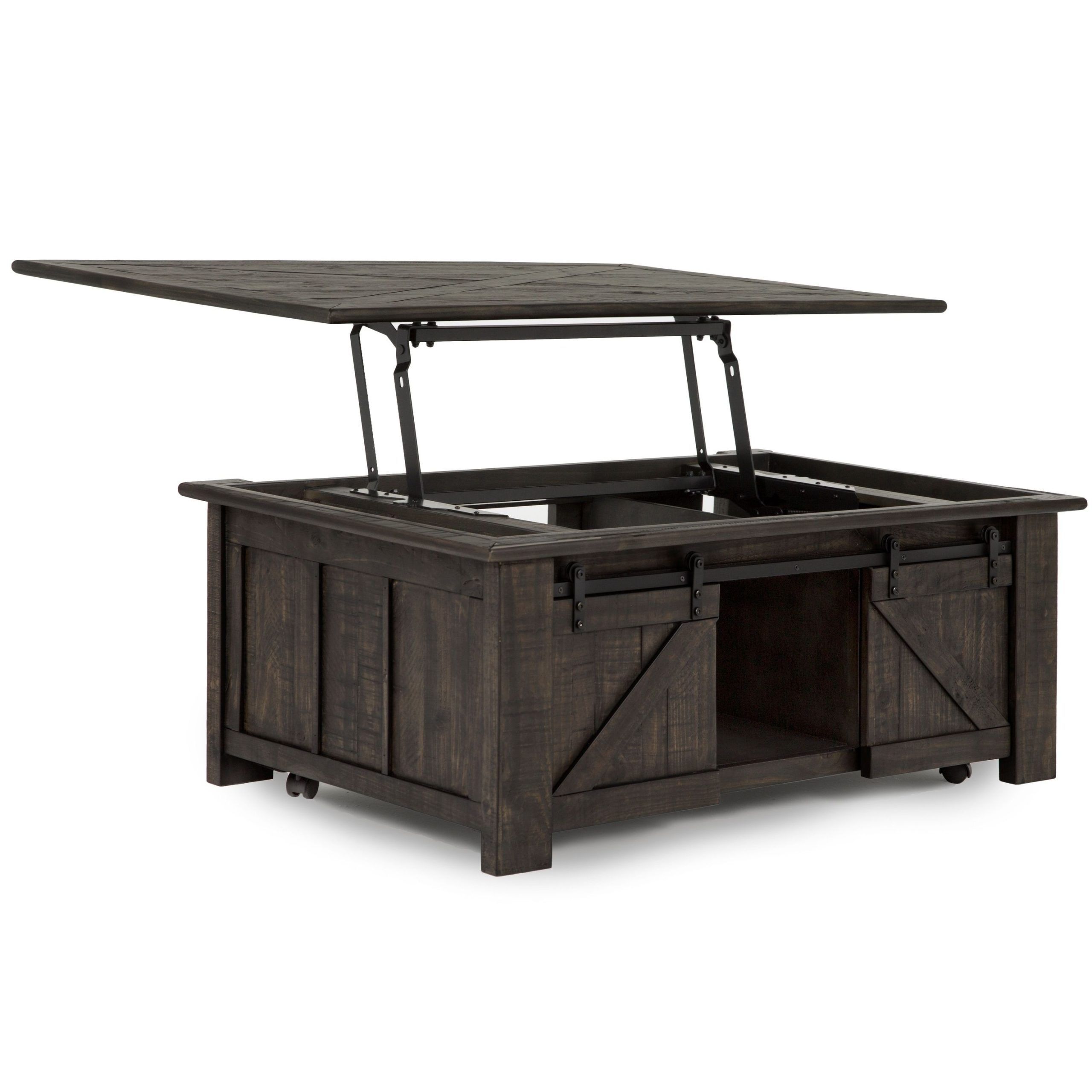 Favorite Coffee Tables With Sliding Barn Doors Intended For Garrett Rustic Weathered Charcoal Lift Top Sliding Door Coffee Table (View 13 of 15)