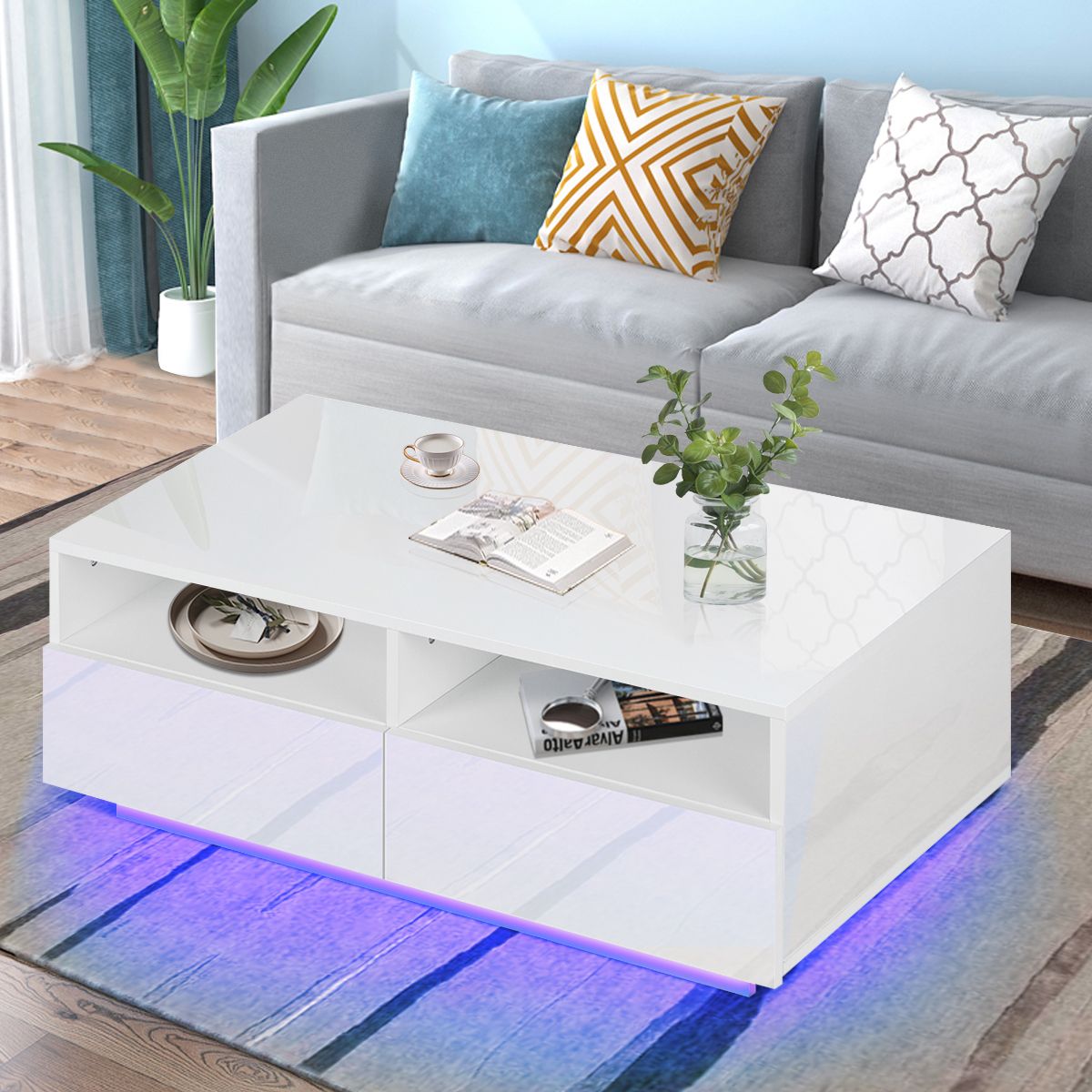 Favorite Rectangular Led Coffee Tables Regarding Hommpa High Gloss Led Coffee Table W/ 4 Drawers Living Room With Remote (View 12 of 15)