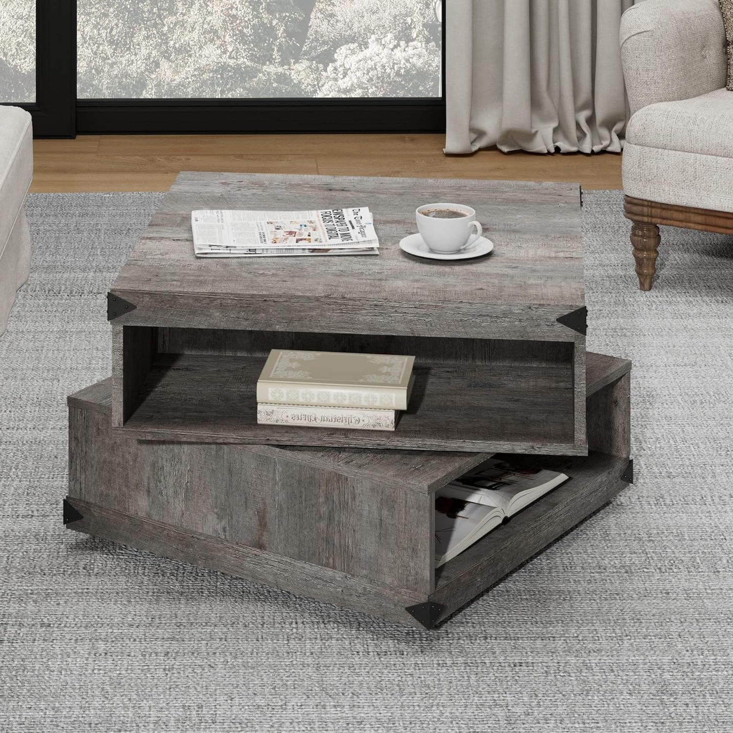 Favorite Wampat Rotating Coffee Table 2 Tier, Square Wood (View 5 of 15)