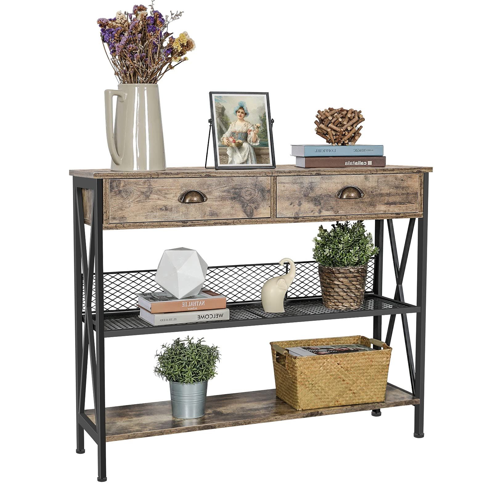 Freestanding Tables With Drawers Pertaining To Most Popular 3 Tier Console Sofa Table With Drawers Industrial Entry Table Entryway (Photo 15 of 15)