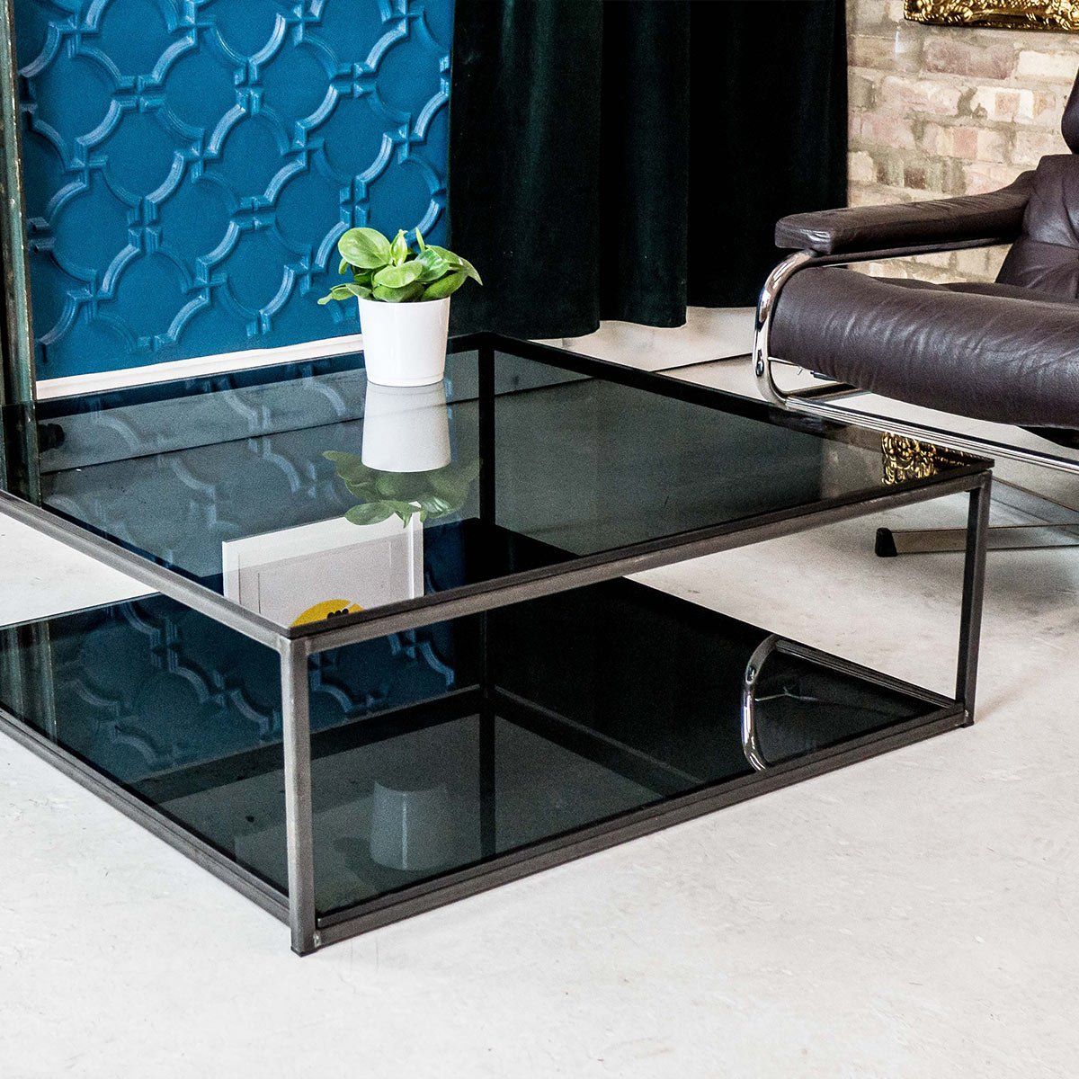 Glass Coffee Tables With Lower Shelves In Most Current Cubic Industrial Glass Coffee Table With Shelf – Klarity – Glass Furniture (Photo 13 of 15)