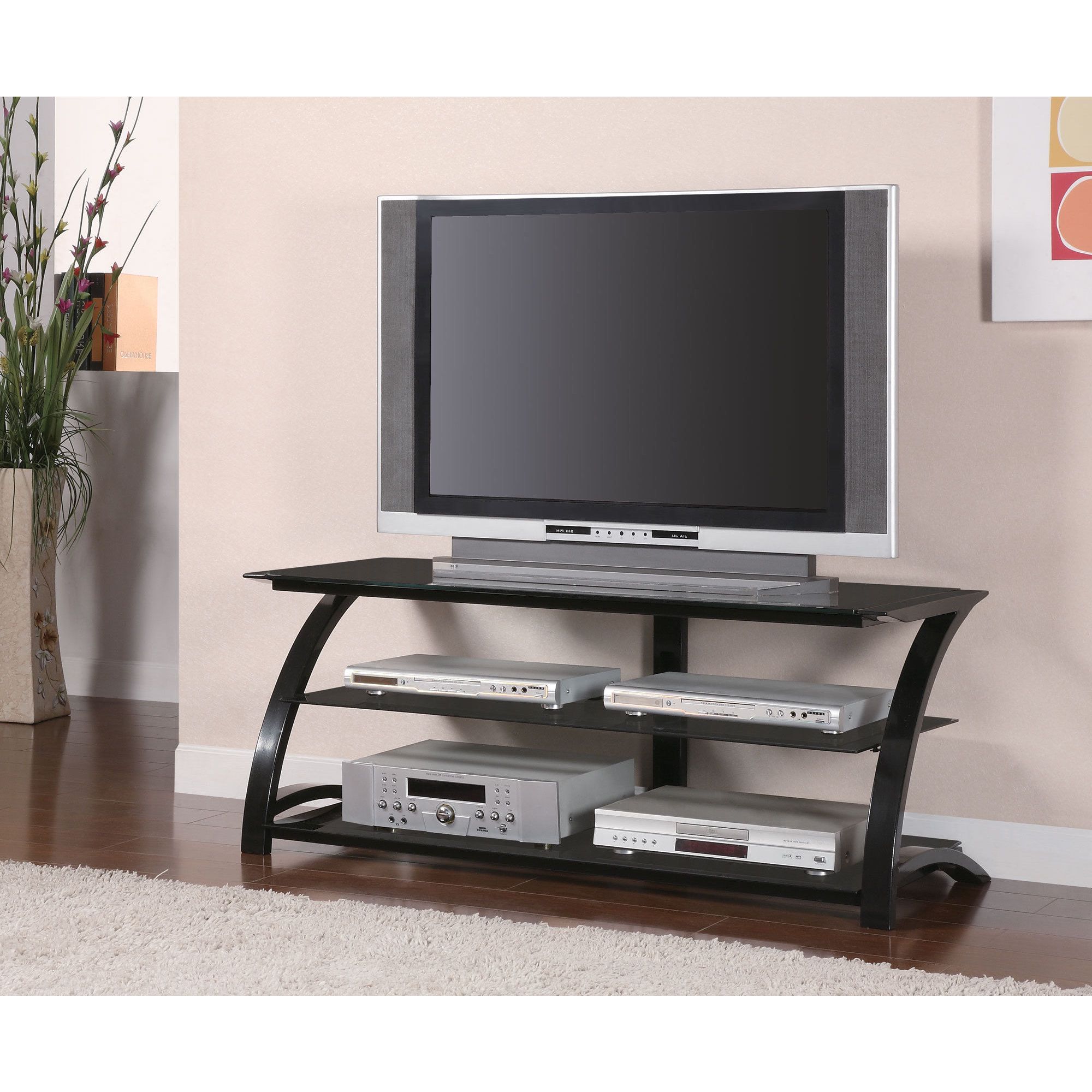 Glass Shelves Tv Stands Regarding Popular Coaster Company Black Metal Tempered Glass Tv Stand – 48" X Black Small (View 12 of 15)