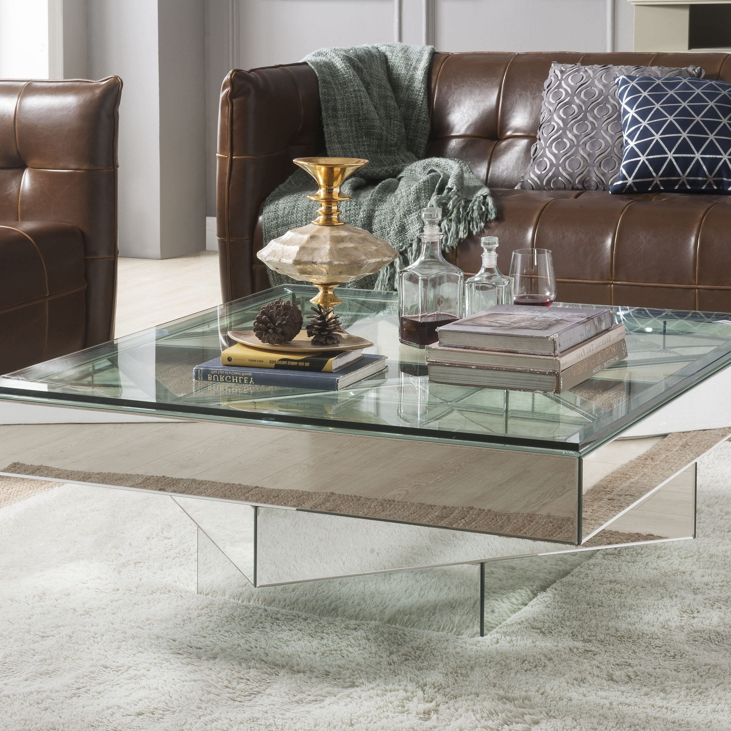 Glass Top Coffee Tables Intended For Latest Acme Meria Square Glass Coffee Table With Mirrored Finish – Walmart (Photo 13 of 15)
