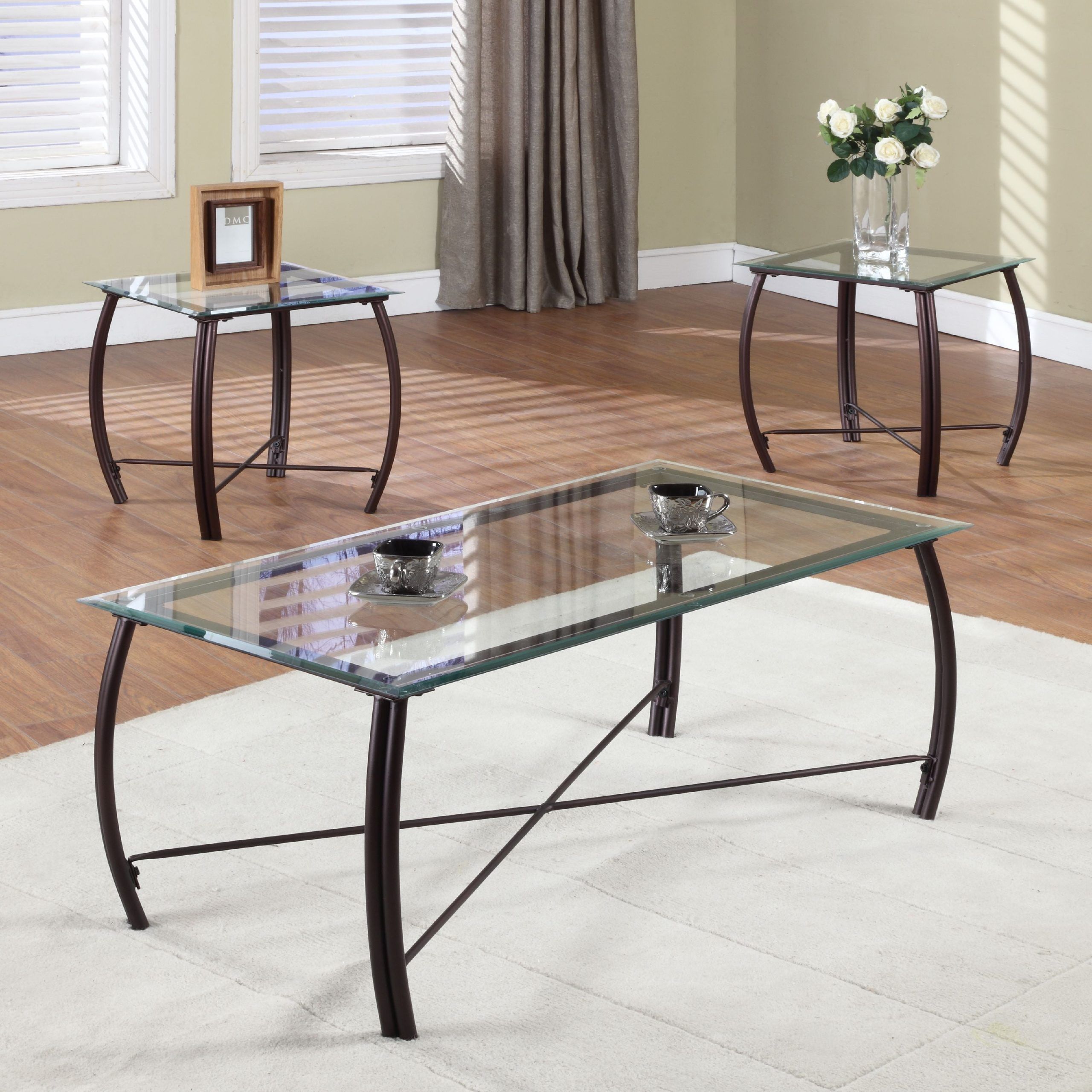 Glass Top Coffee Tables Within Newest Paula 3 Piece Coffee Table Set, Copper Metal Frames & Beveled Glass (View 5 of 15)