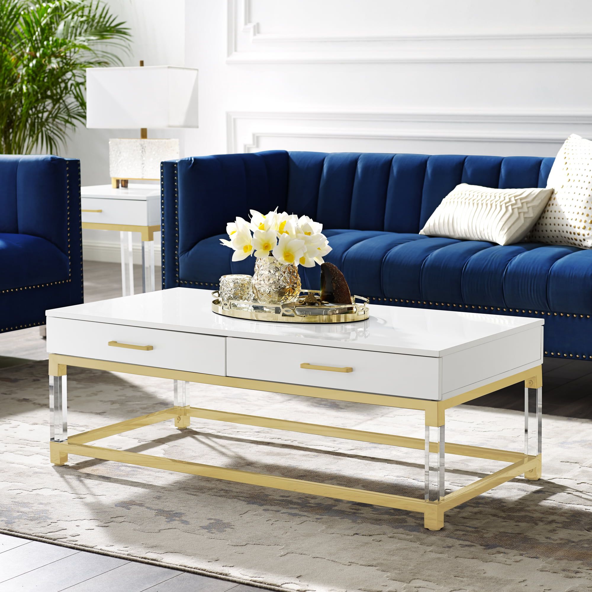 Glossy Finished Metal Coffee Tables Pertaining To Newest Inspired Home Alena Coffee Table 2 Drawers High Gloss Acrylic Legs Gold (View 12 of 15)