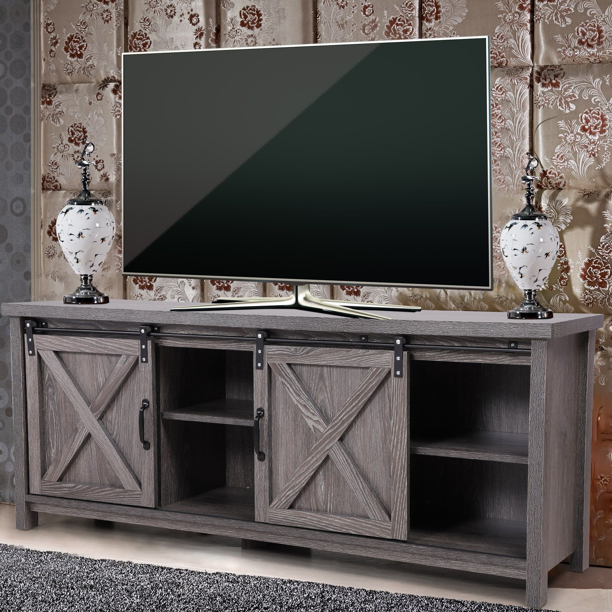 Jaxpety 58" Farmhouse Sliding Barn Door Tv Stand For Tvs Up To 65 For Most Popular Farmhouse Tv Stands (View 10 of 15)