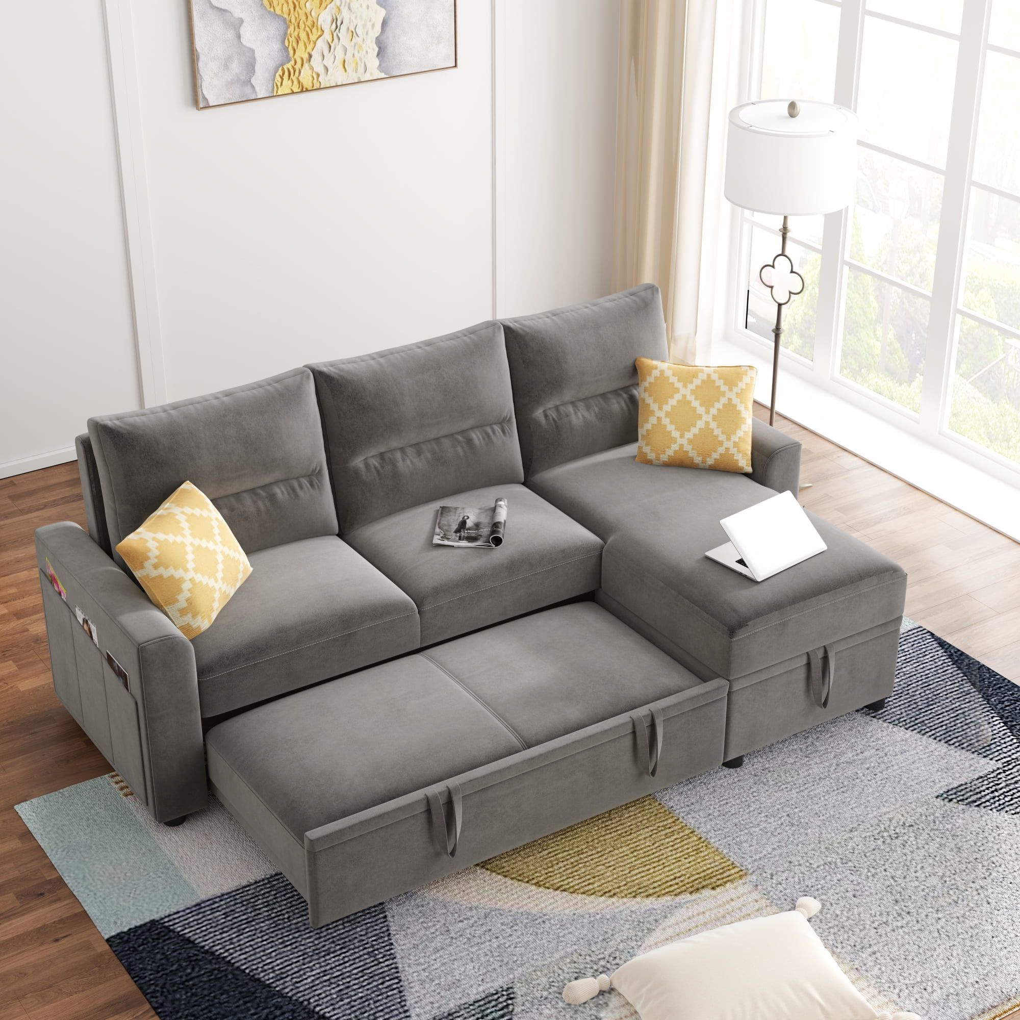 Latest 3 In 1 Gray Pull Out Sleeper Sofas Inside Upholstered Sectional Sleeper Sofa, Segmart 82.5'' Reversible Pull Out (Photo 7 of 15)