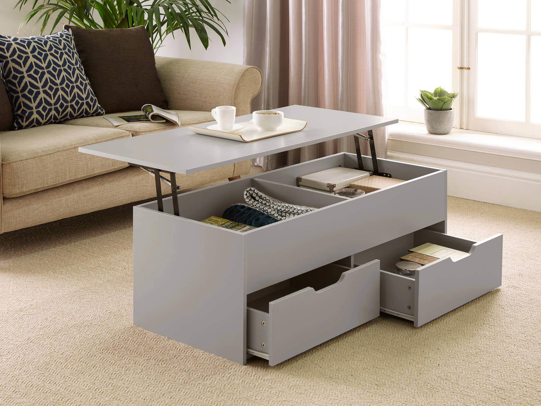 Latest Lift Top Coffee Tables With Storage Drawers Inside Grey Wooden Coffee Table With Lift Up Top And 2 Large Storage Drawers (View 7 of 15)