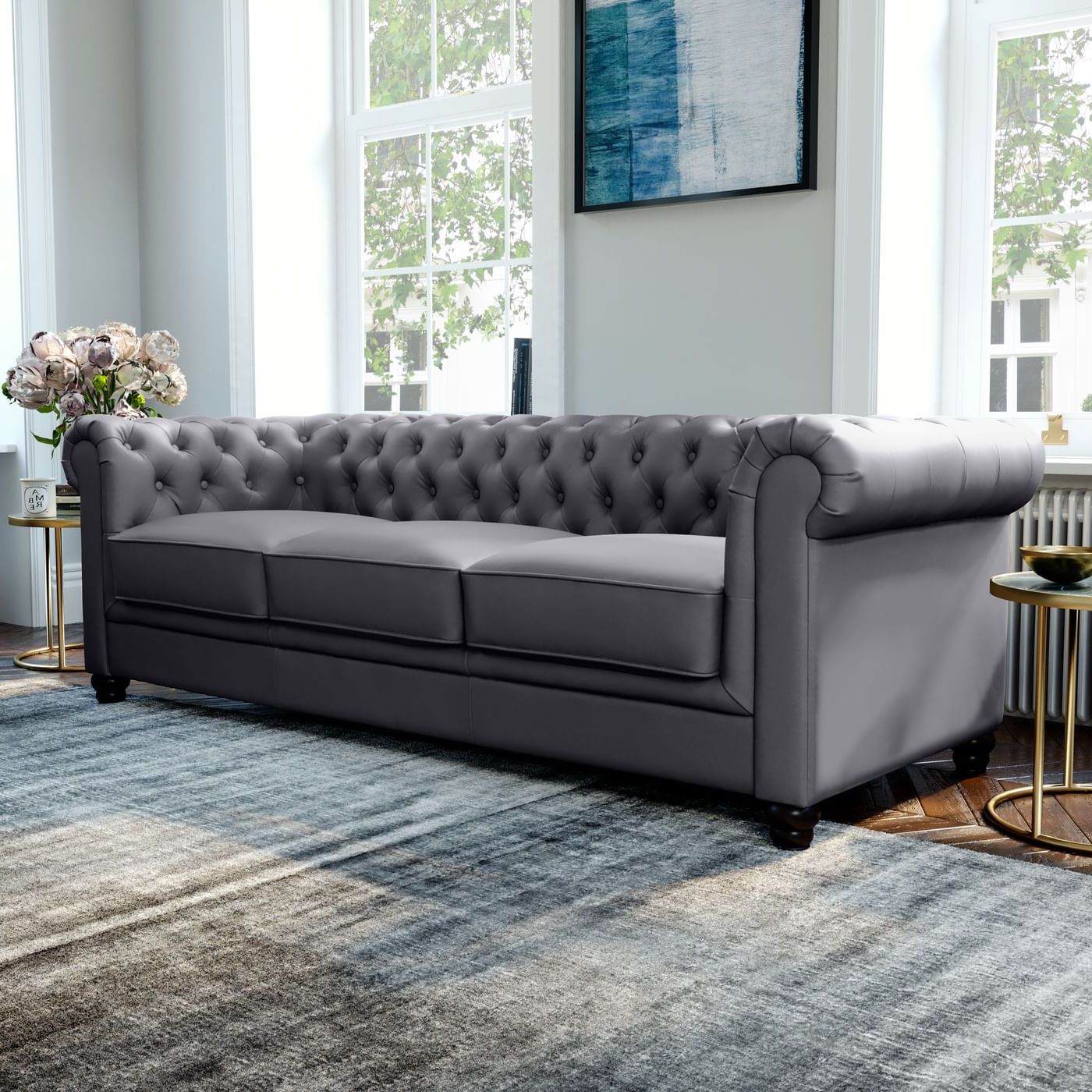 Latest Sofas In Dark Grey Regarding Hampton Grey Leather 3 Seater Chesterfield Sofa (View 9 of 15)