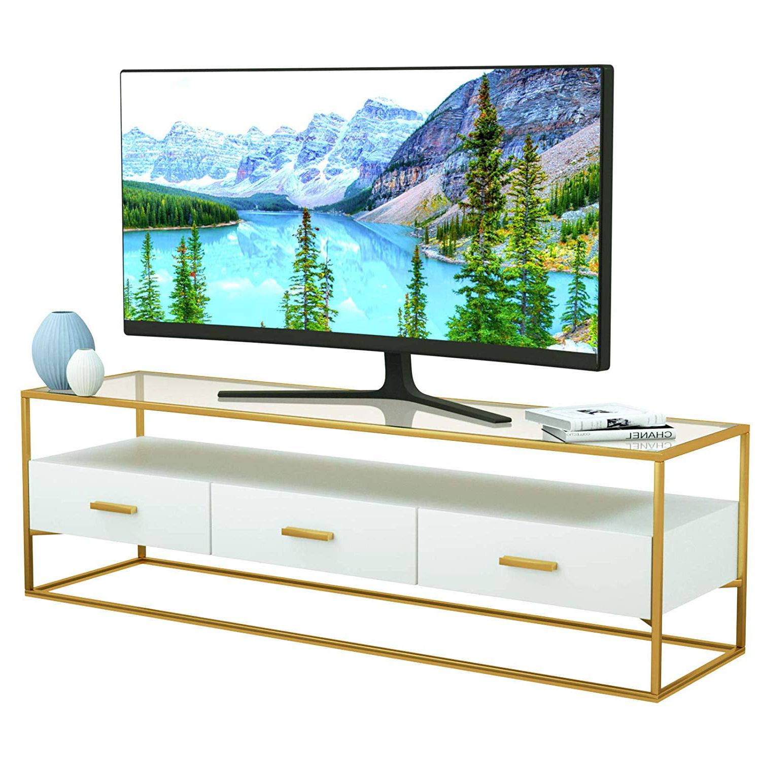 Latest White Tv Stands Entertainment Center Within Mecor White Tv Stand,entertainment Center High Gloss 59 Inch Width, (View 6 of 15)