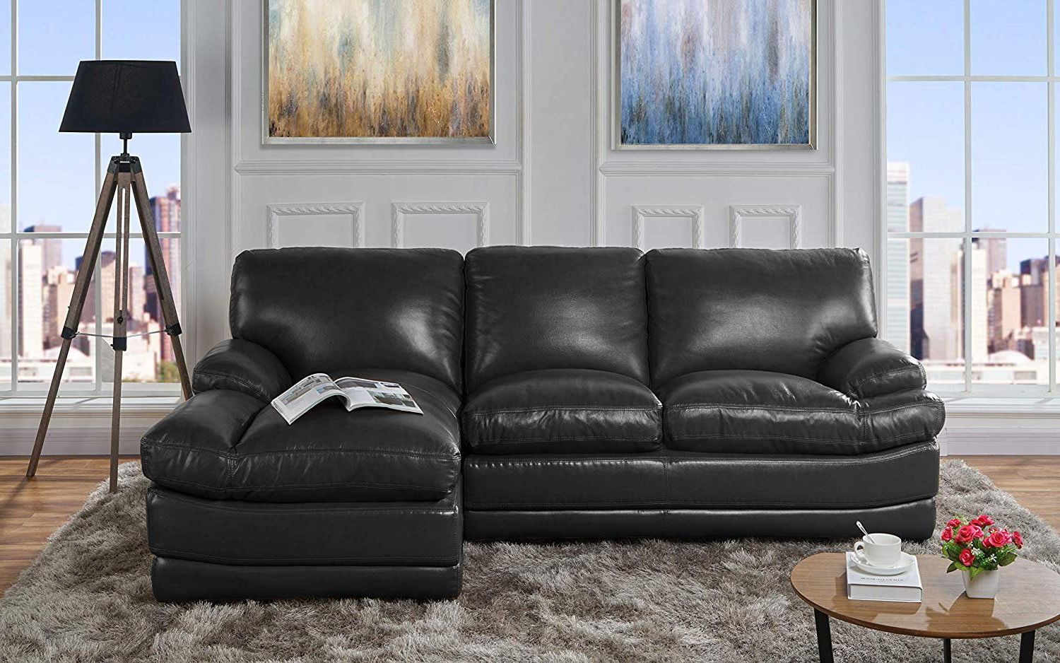 Leather Match Sectional Sofa, L Shape Couch With Chaise Lounge (right Intended For Newest 3 Seat L Shaped Sofas In Black (Photo 8 of 15)